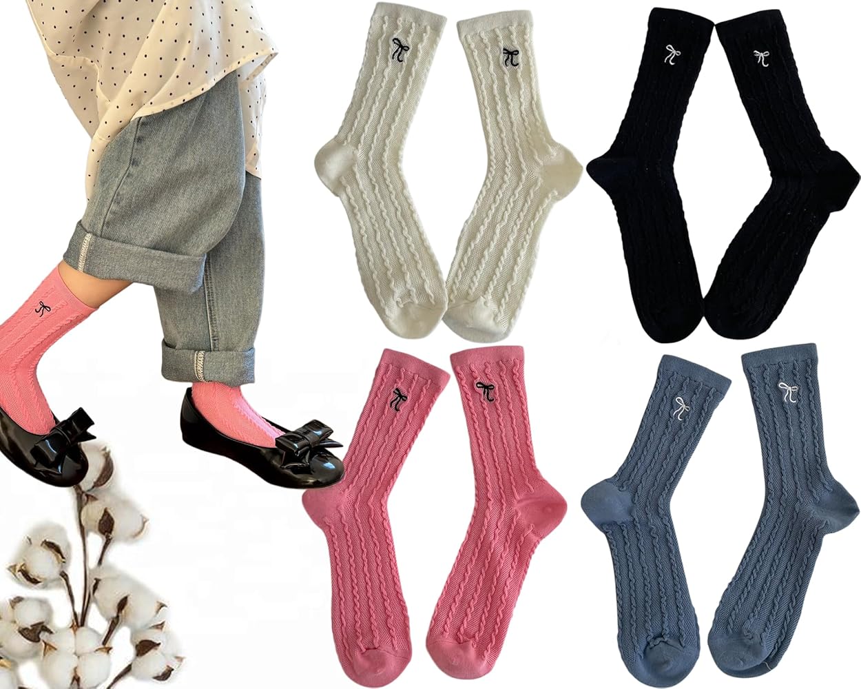CHUNFO Womens Cute Crew Boot Socks Little Bow Ribbed Cotton