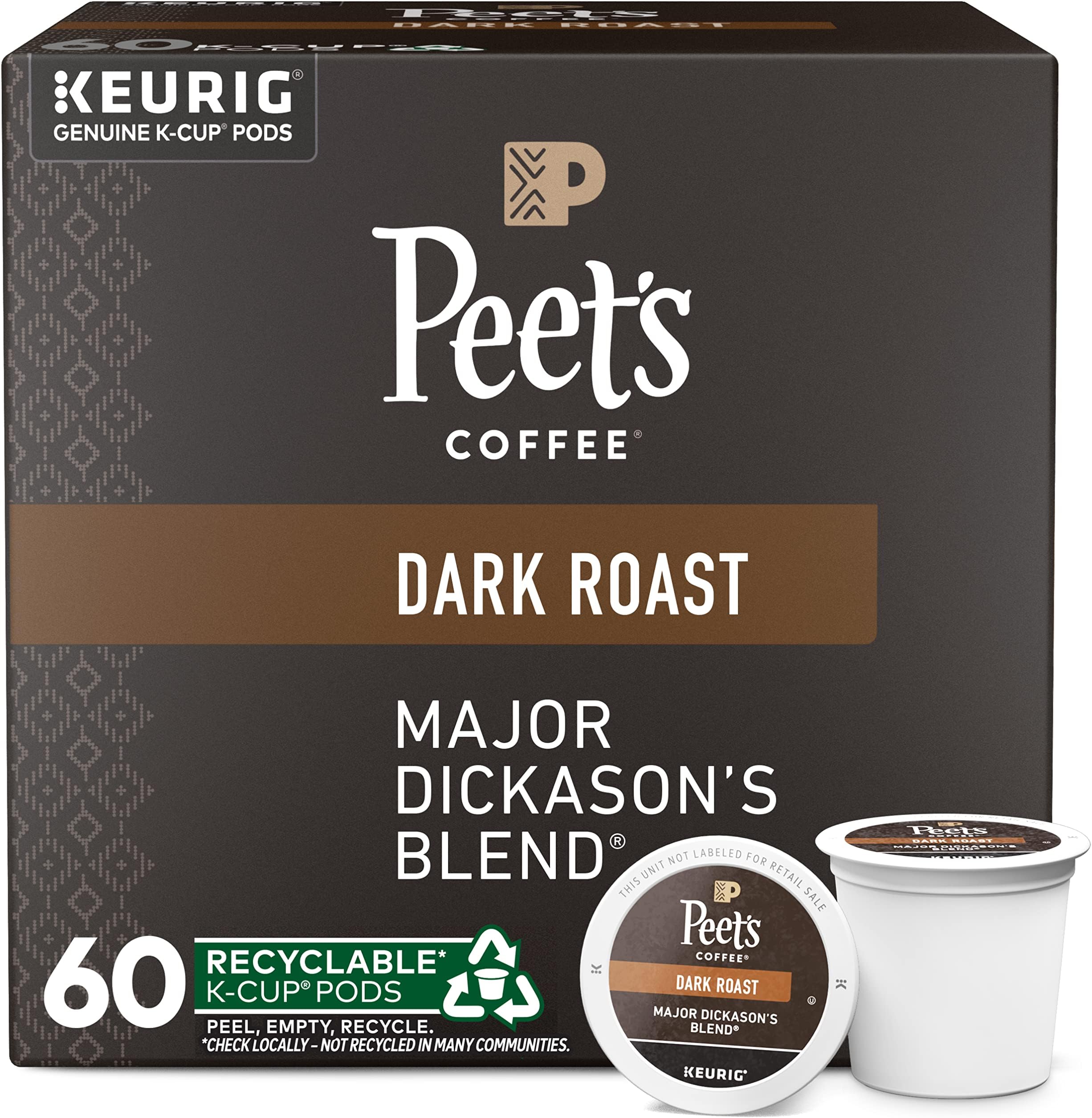Peet's Coffee, Major Dickason's Blend, Dark Roast, K-Cup Pack,Single Cup Coffee Pods,10 Count, Pack of 6