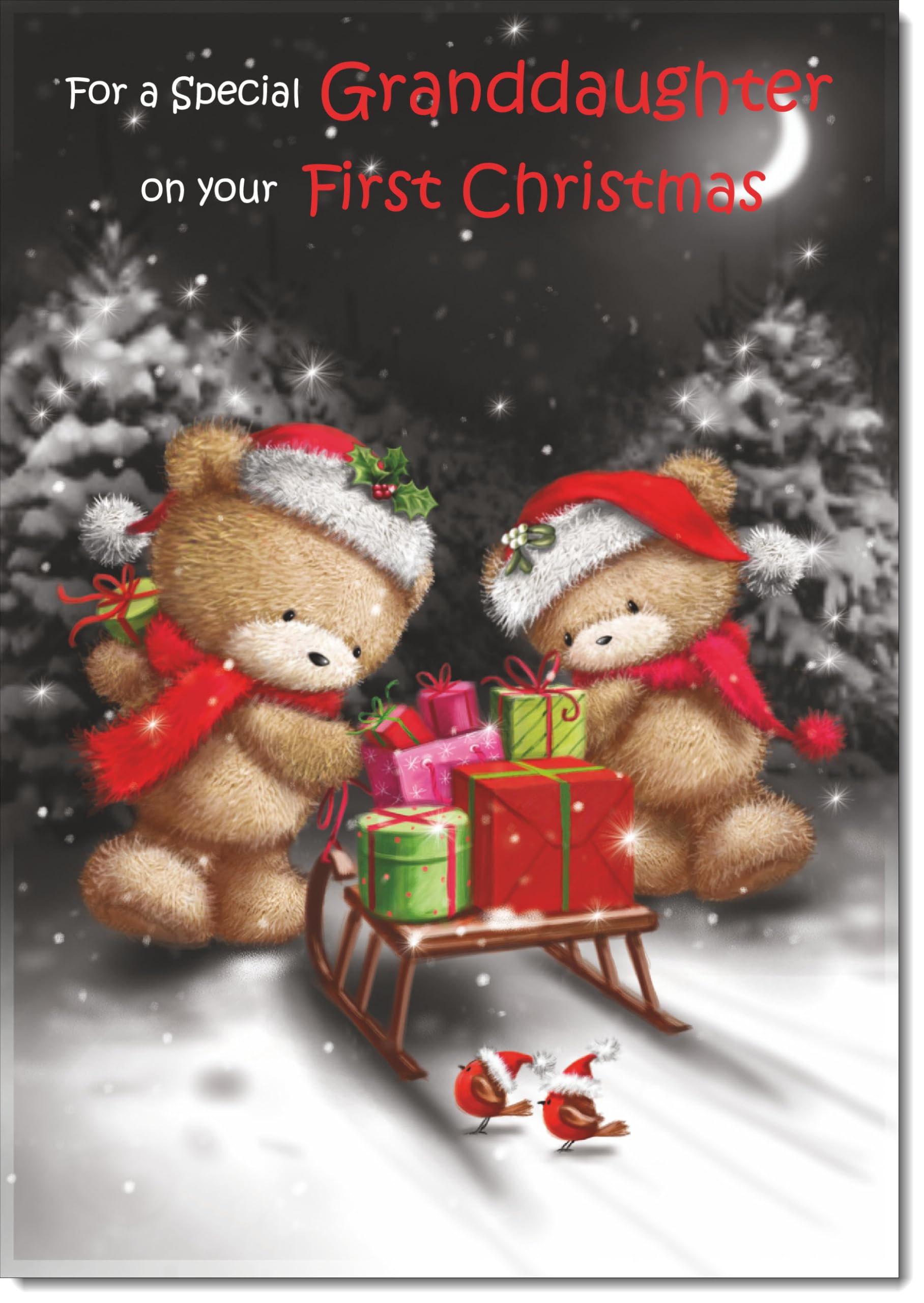 doodlecards Granddaughters 1st First Christmas Card Cute Bears at Night Large A4 Size Christmas Card for Granddaughters 1st with Plain Envelope