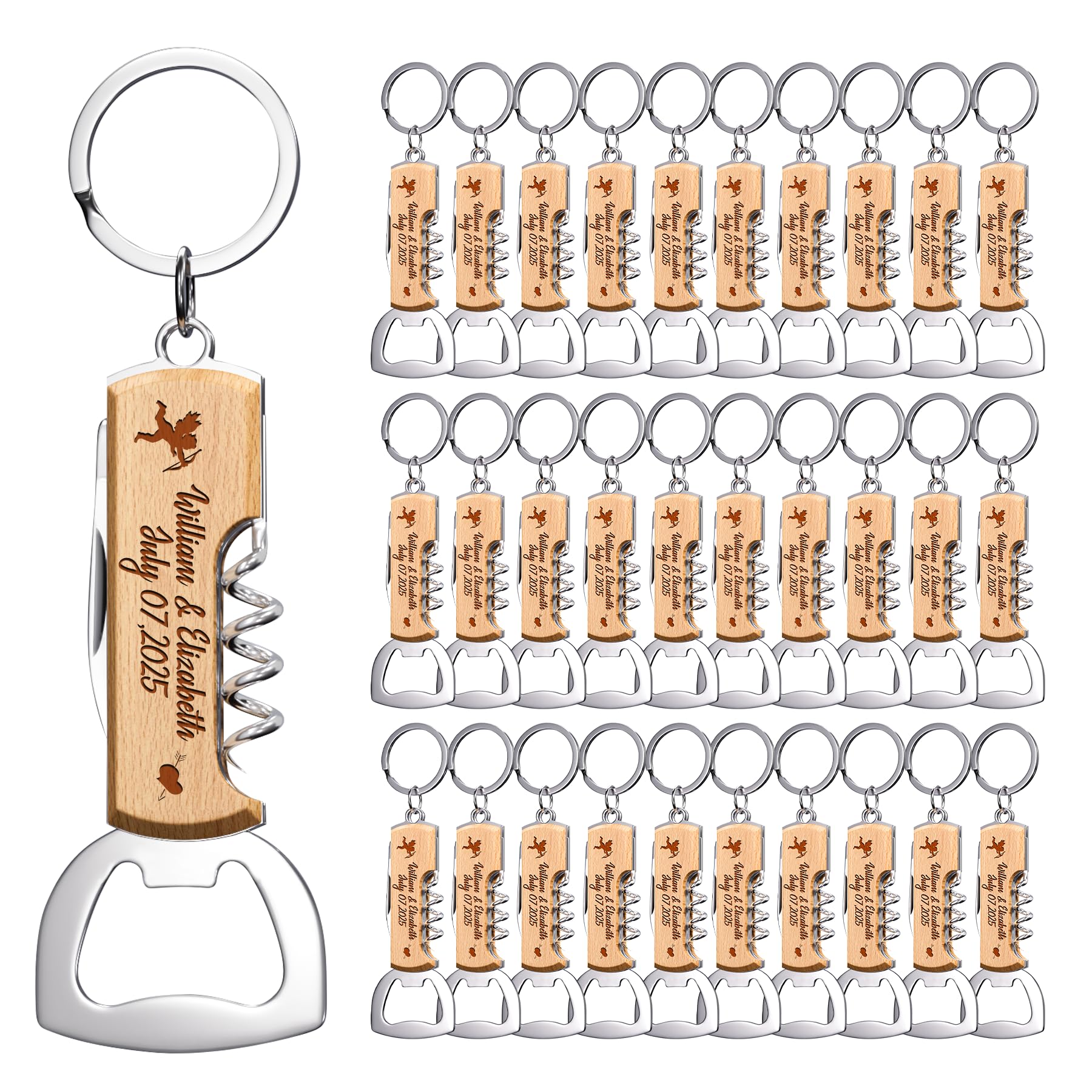 30 pièces Ouvre-bouteille Multifonction en Bois Personnalisé, Cadeaux d'Invites Gravés pour Mariage, Anniversaire ou Fête – Porte-clés Ouvre-bouteille