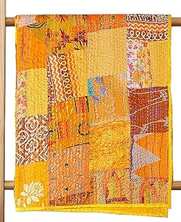 Rajasthaniartdecor Indian Handmade Vintage Silk Sari Patola Ethnic Reversible Blanket Bedspread Throw Stitch Patchwork Kantha Quilt (Yellow, Poster 40x60 I)