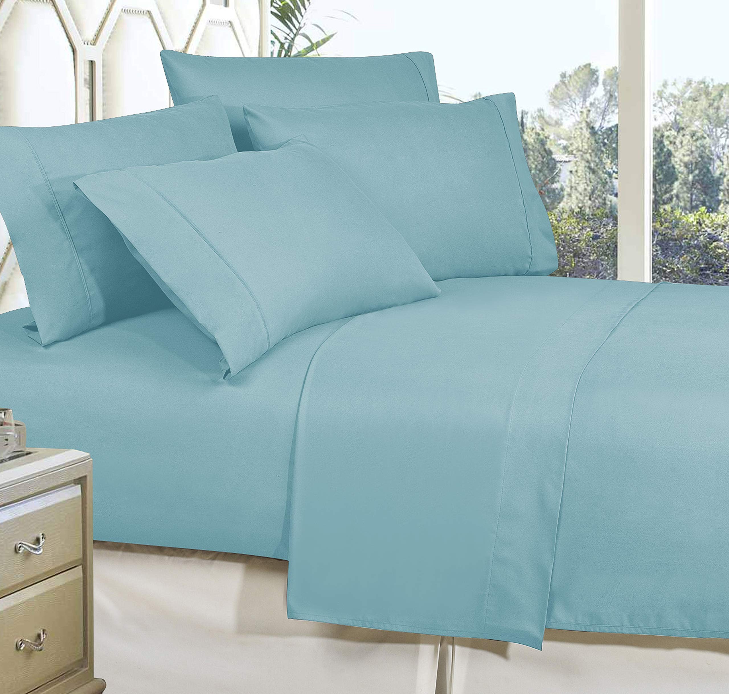 CELINE LINENBest, Softest, Coziest Bed Sheets Ever! 1800 Premier Hotel Quality Wrinkle-Resistant 4-Piece Sheet Set with Deep Pockets, Queen Aqua Blue