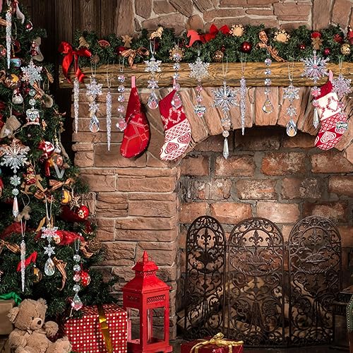 Miniatura 4 de Jishi 21 piezas de adornos de Navidad de cristal para decoración de árbol de Navidad, adornos de carámbano de cristal acrílico con copo de nieve