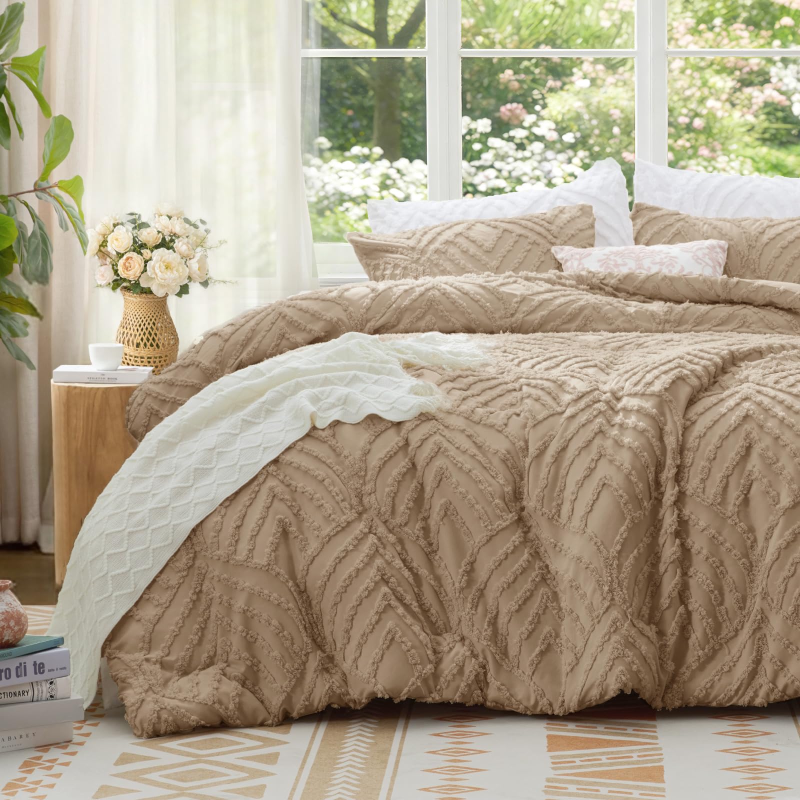 Photo 1 of BEDELITE King Size Comforter Set - Tufted Boho Bedding Set, Khaki Boho Comforter, Soft Lightweight Comforter King, 3 Pieces Farmhouse Jacquard Bed Set for All Seasons