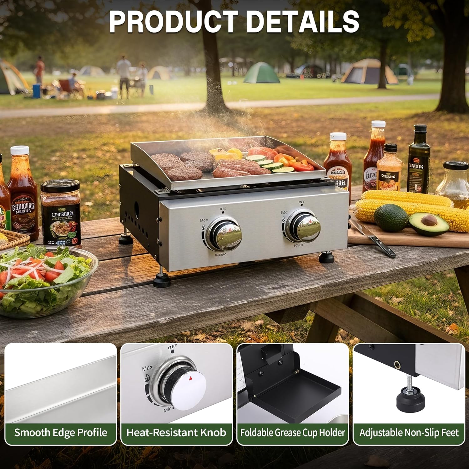 2-Burner Propane Griddle with Storage Cover, Portable Camping Griddle with Stainless Steel Cooking Surface, 20,000 BTU Tabletop Gas Griddle for Outdoor BBQ, Tailgating, RV Trips