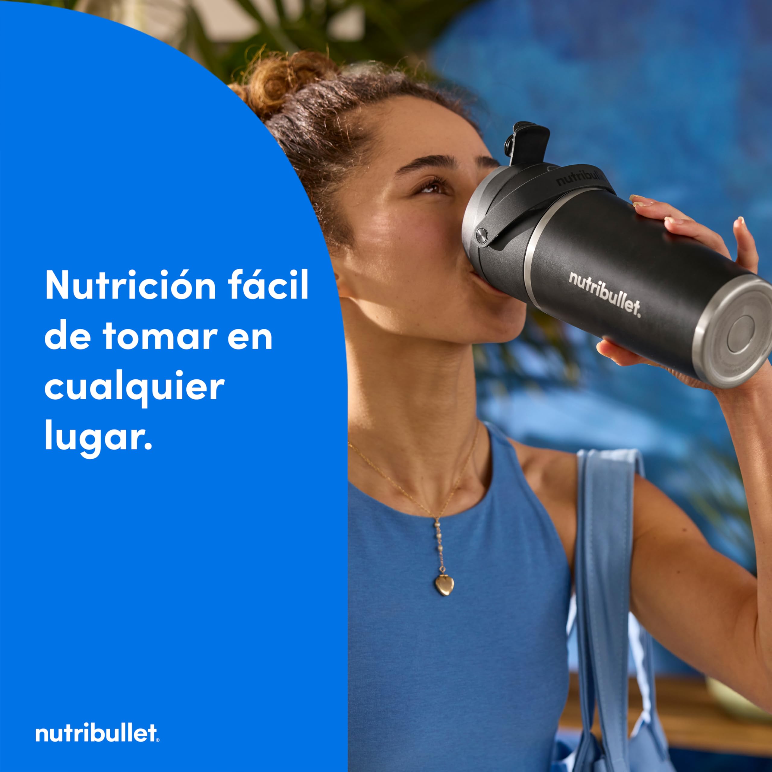 nutribullet Flip NBP016B, Licuadora Portátil con Vaso Termo de 590ml, Conserva el Frío 24h, Tritura Hielo, Incluye Tapa y Pajita, Carga USB-C, Acero Inoxidable, Negro