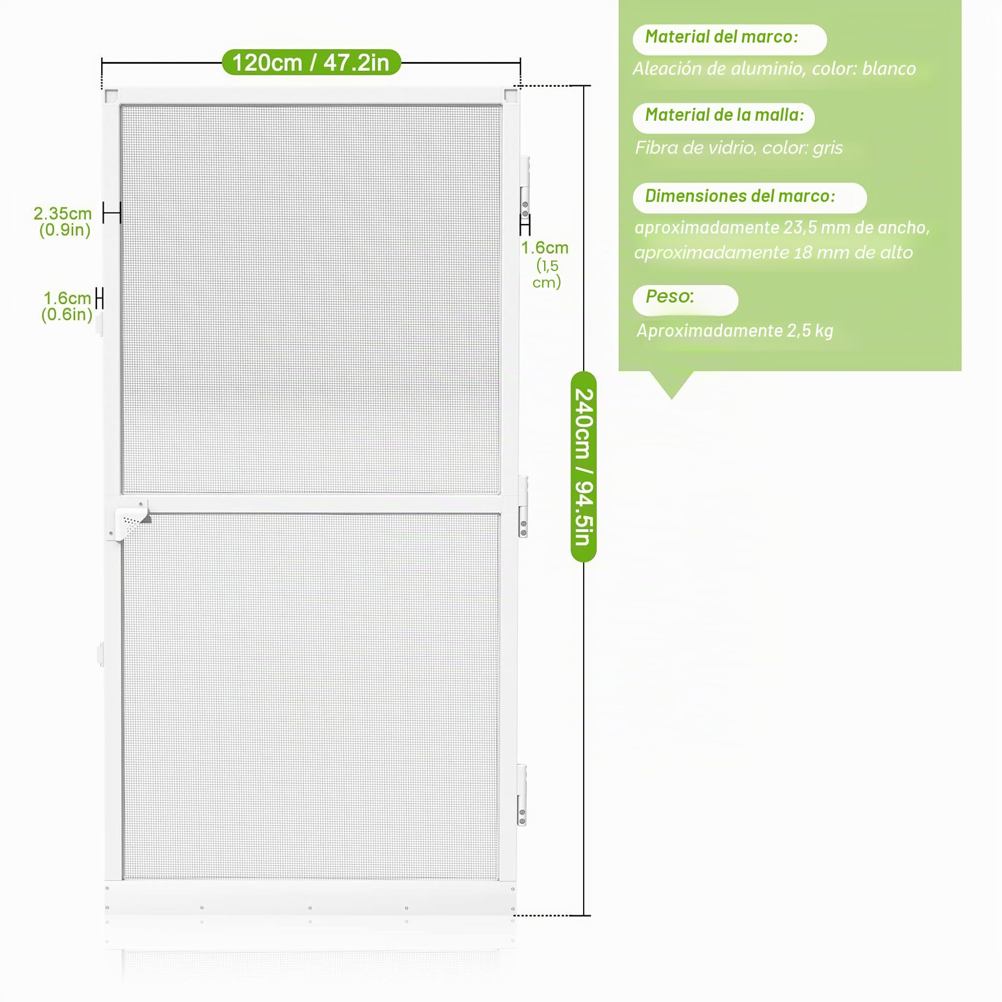 Mosquitera para puerta, 120 x 240 cm, mosquitera, marco de aluminio blanco, cierrapuertas y protección contra golpes, protección contra el polen, para balcón, salón o terrazas