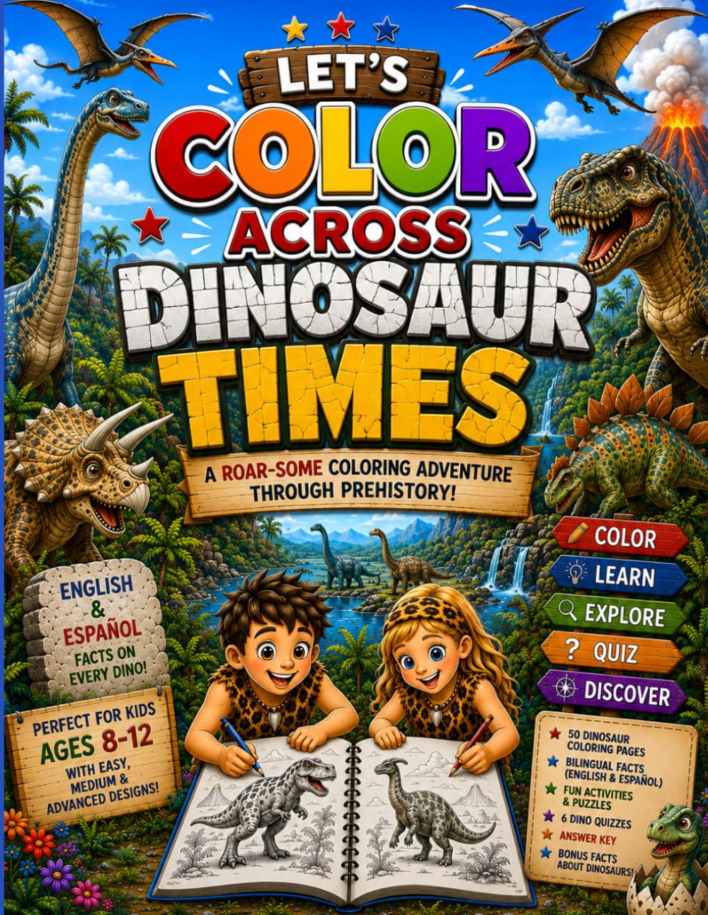 LET´S COLOR ACROSS DINOSAUR TIMES: A 50 DINOSAUR COLORING, FACTS & QUIZ BOOK FOR KIDS 8 - 12