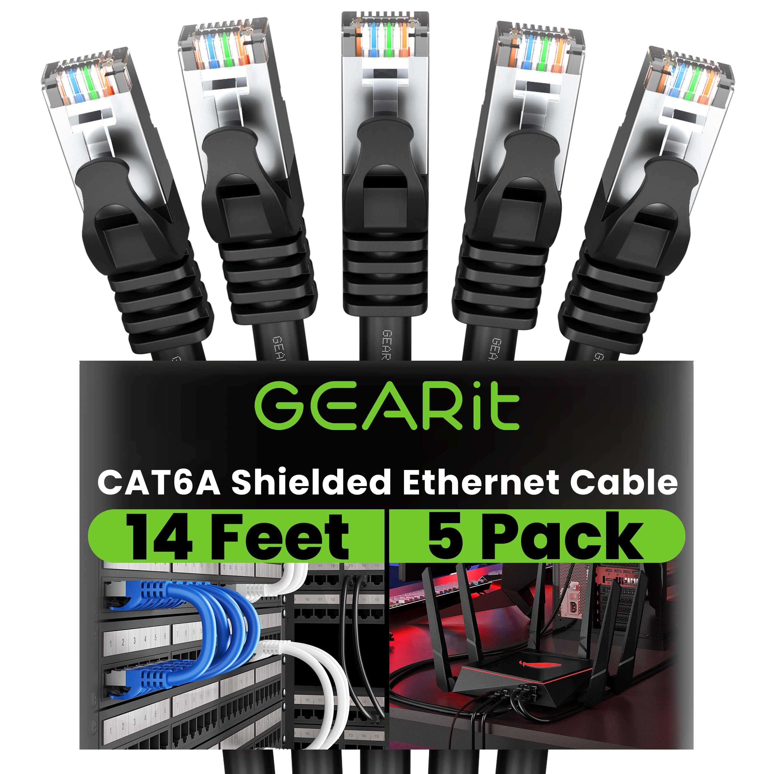 GearIT Cavo Ethernet Cat6A (4,3 m, confezione da 5, nero) 10 Gbps schermato SSTP, cavo Ethernet schermato SFTP, cavo Ethernet schermato SFTP da 26 AWG, 4 paia di cavi Cat6 in rame nudo, cavo di rete