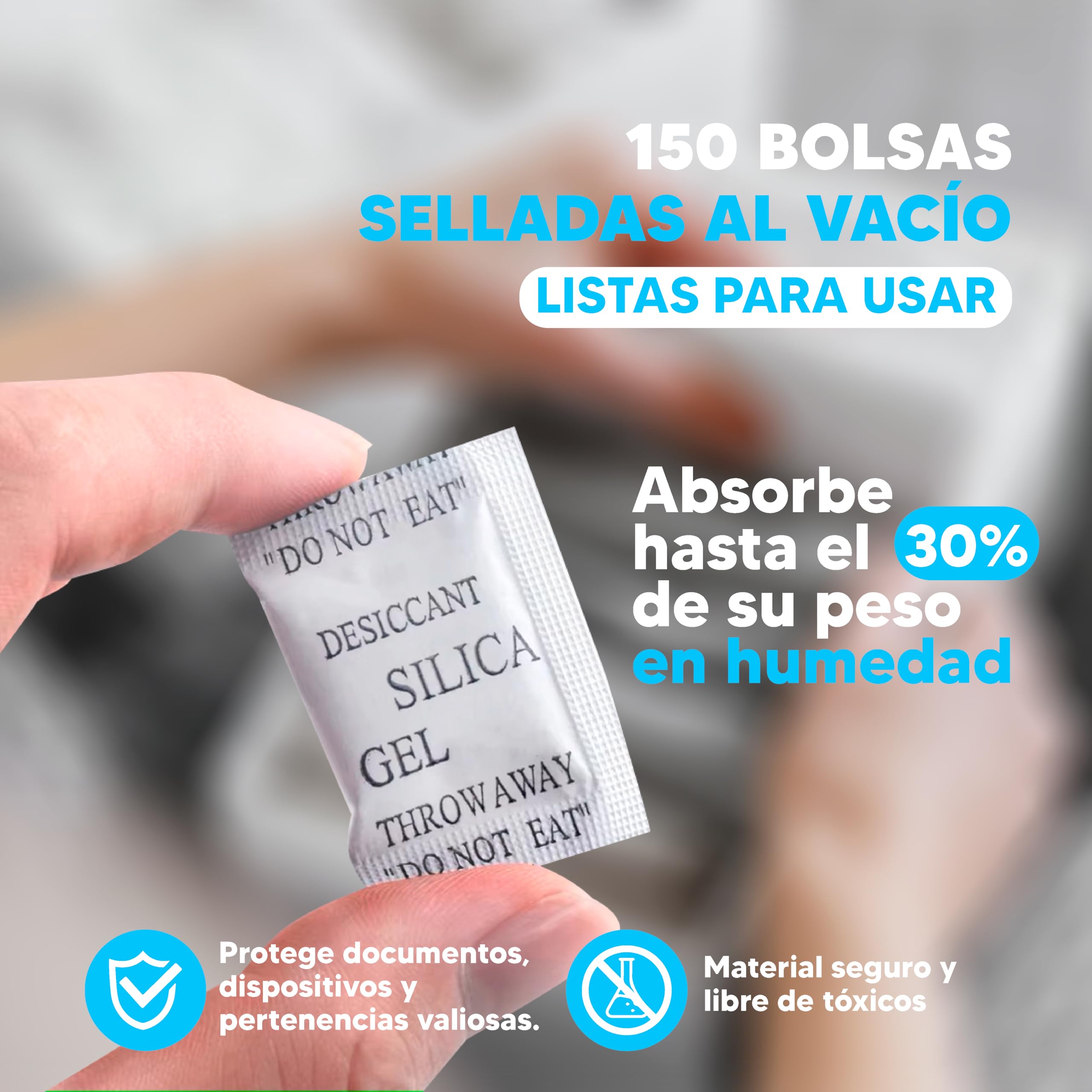 AURETS 150 Bolsas de Gel Antihumedad (1g) Sílica Gel Bolsitas Antihumedad para Armarios, Zapatos y Habitación - Sobres Deshumidificadores para Prevenir Moho y Olores para Electrónica y Ropa