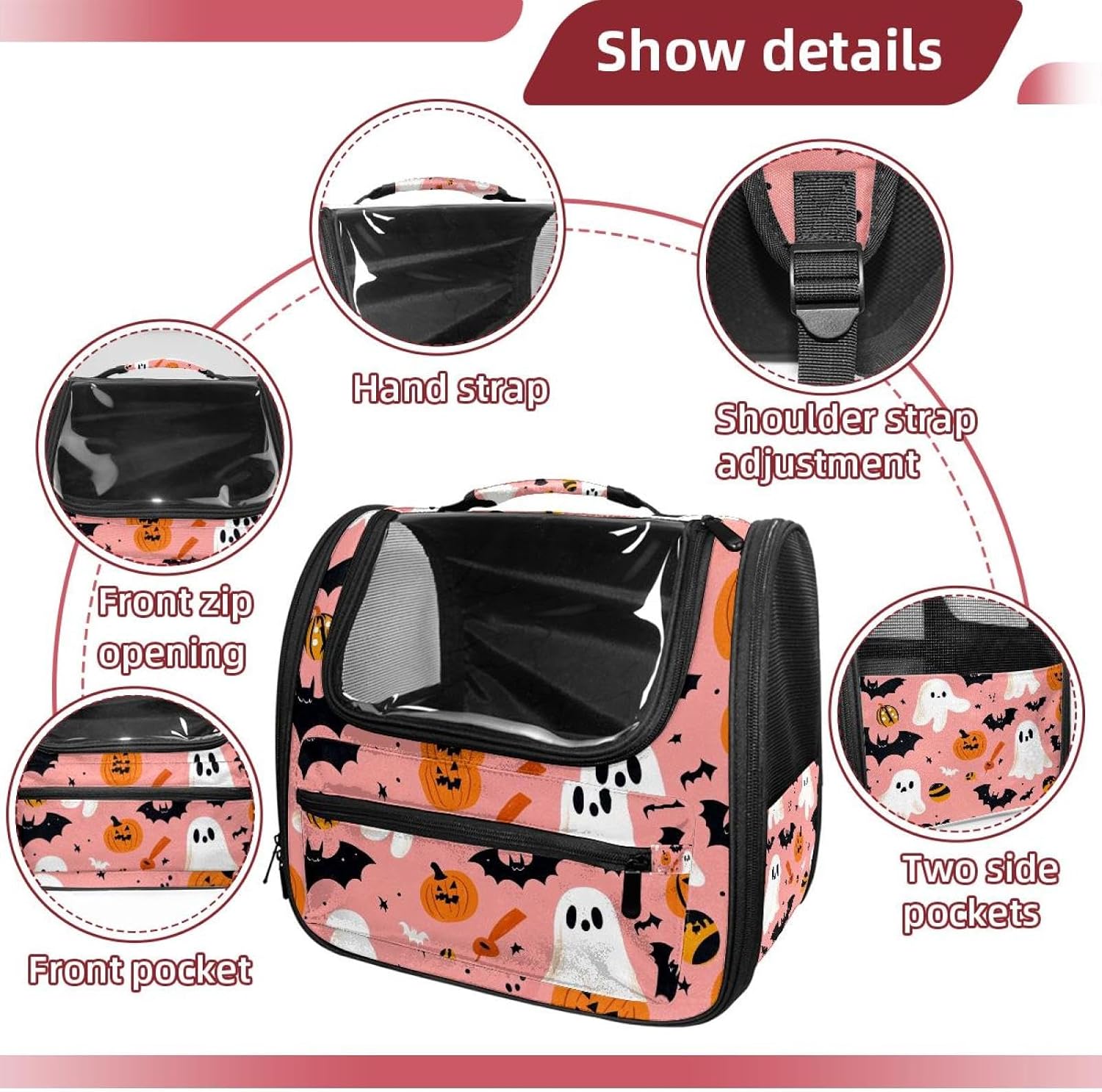 Halloween Bats Candies Pumpkins Pet Cat Backpack Carrier for Kitty Small Dog, Ventilated Pet Carrier Bag for Car, Walking, Hiking, Outdoors