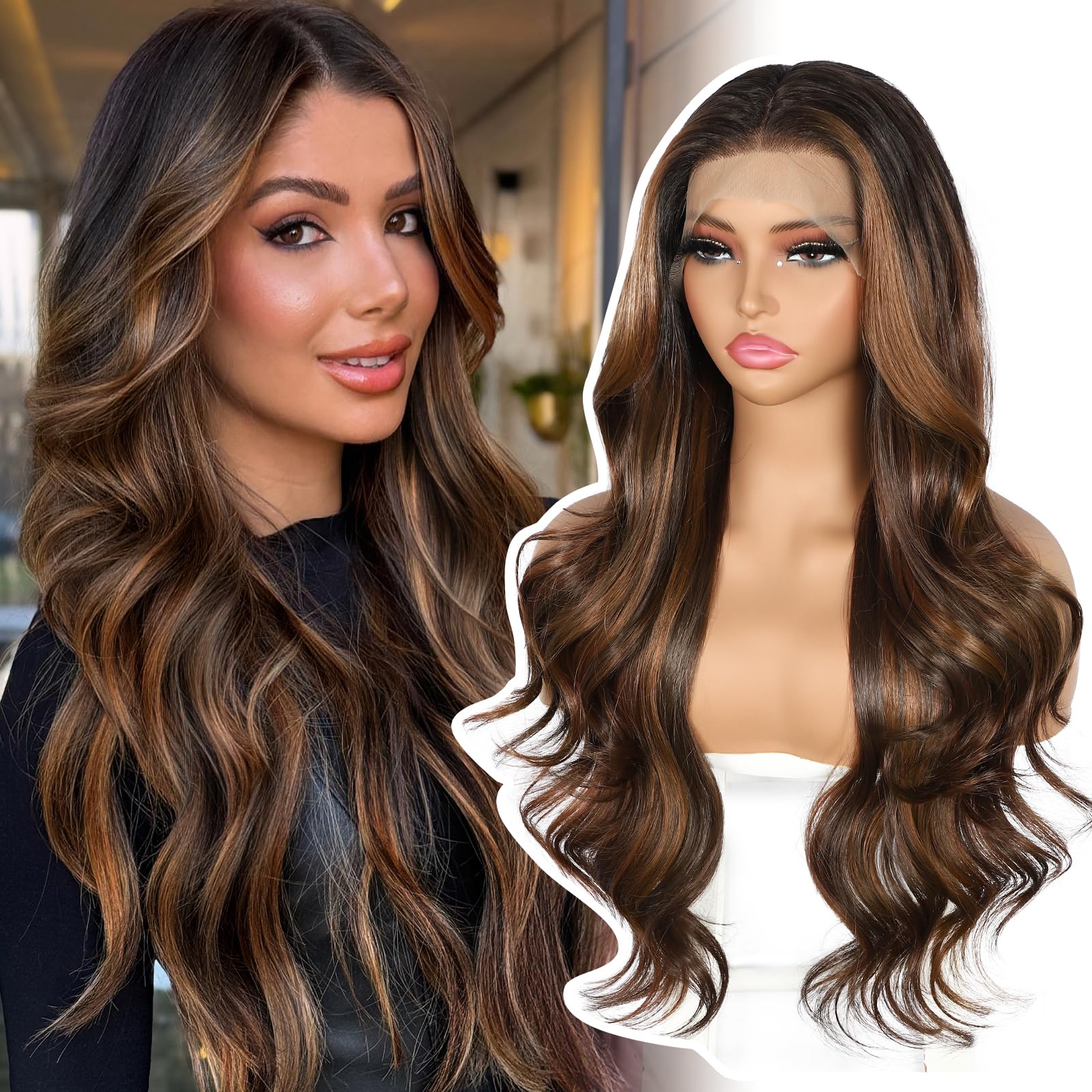 BABEHERS Synthetic Lace Front Wig for Women 13x4 Body Wave Highlight Brown Wigs Pre-plucked Long Wavy 150% Density Natural Heat Resistant Hair Daily
