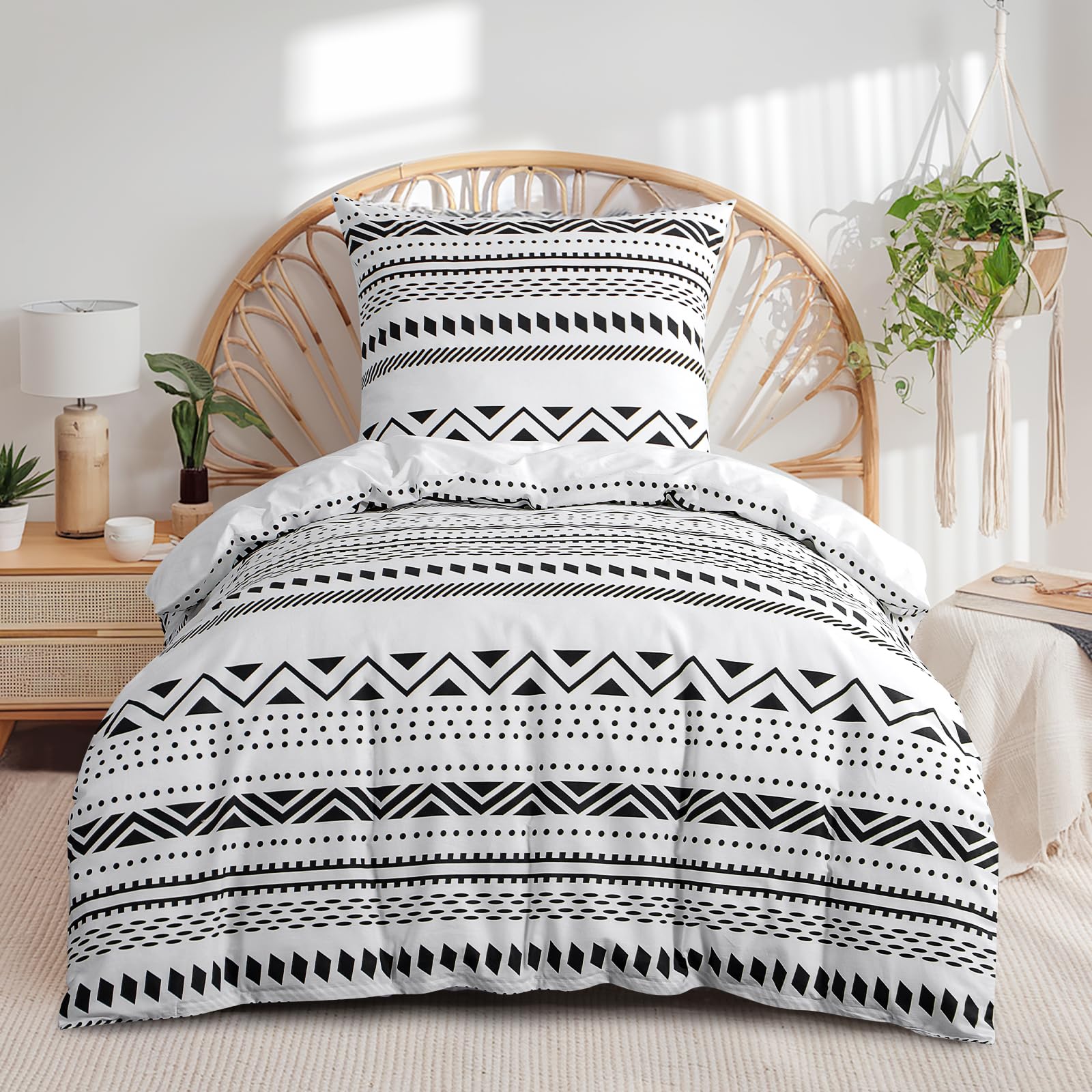 RUIKASI Biancheria da letto 155 x 220 cm, in cotone, 2 pezzi, colore grigio, 155 x 250 cm, 2 pezzi, con motivo boho grigio, set copripiumino da 2 pezzi, cotone con chiusura lampo