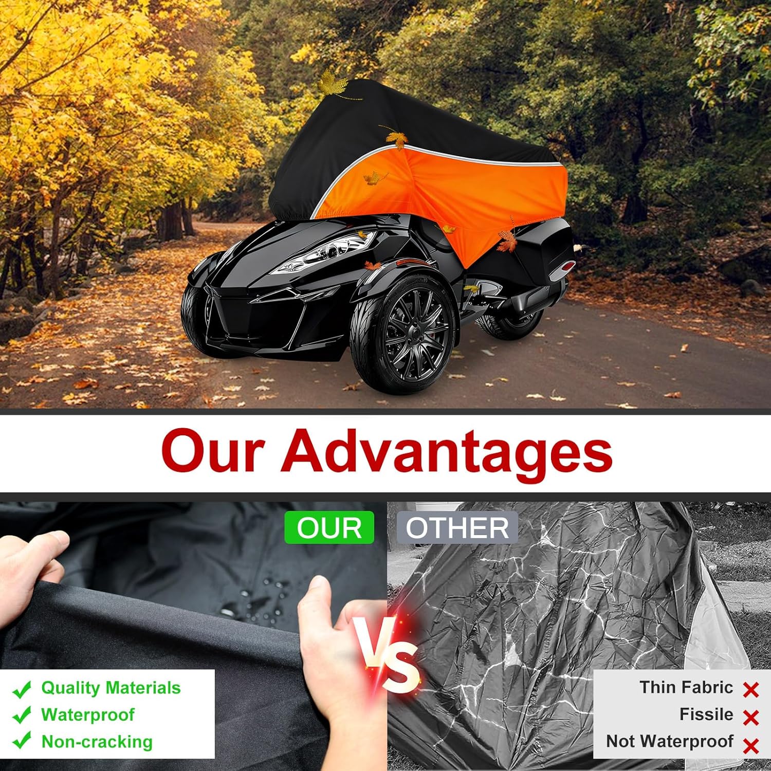 XYZCTEM Can-Am Spyder RT Cover,Outdoor Waterproof Sun & Heat Protection Half Cover, Compatible with Can-Am Spyder RT 2020+ Limited, Black and Orange