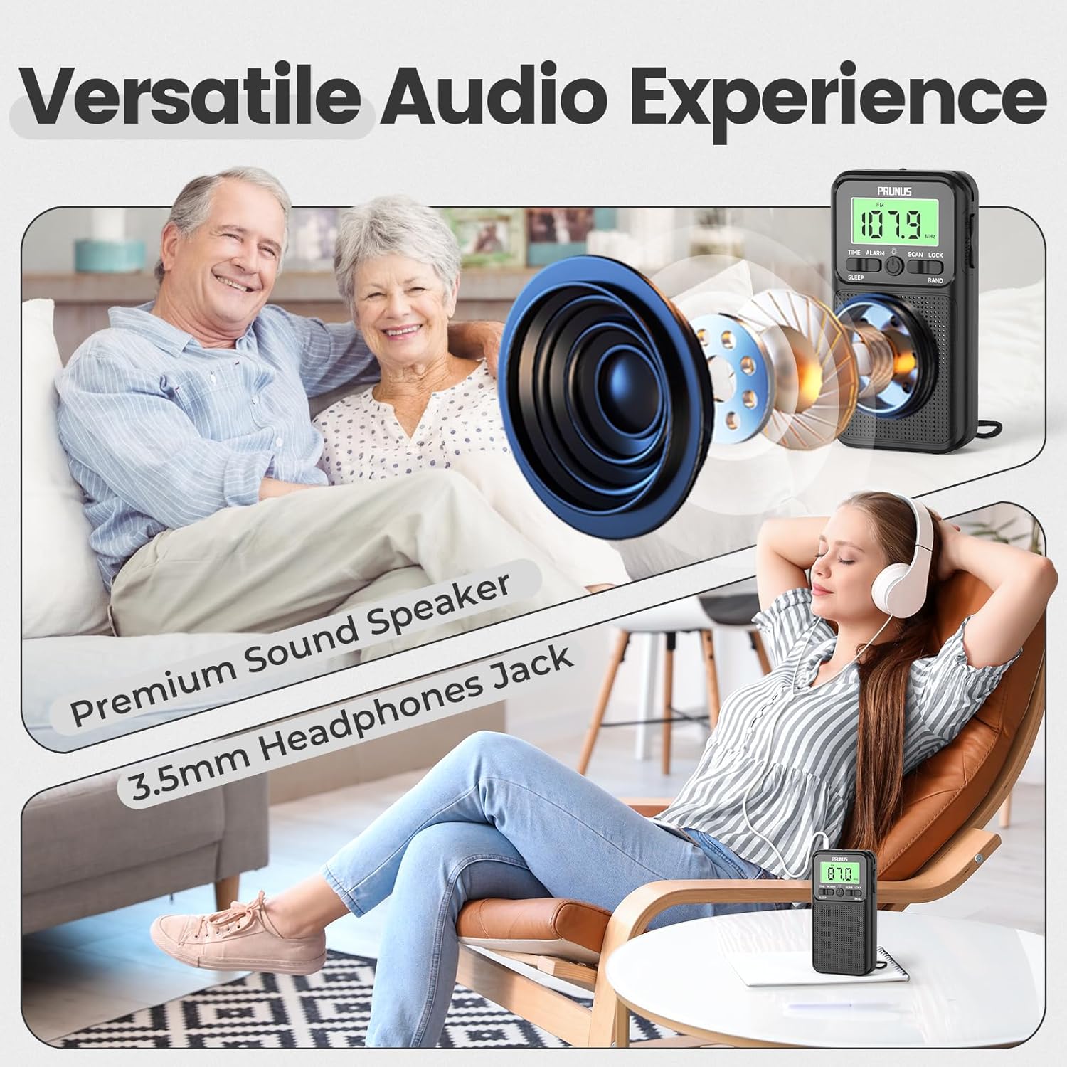 Two images showing the PRUNUS J-128 radio's audio features: a cutaway view of the internal speaker and a woman listening to the radio with headphones via the 3.5mm jack.