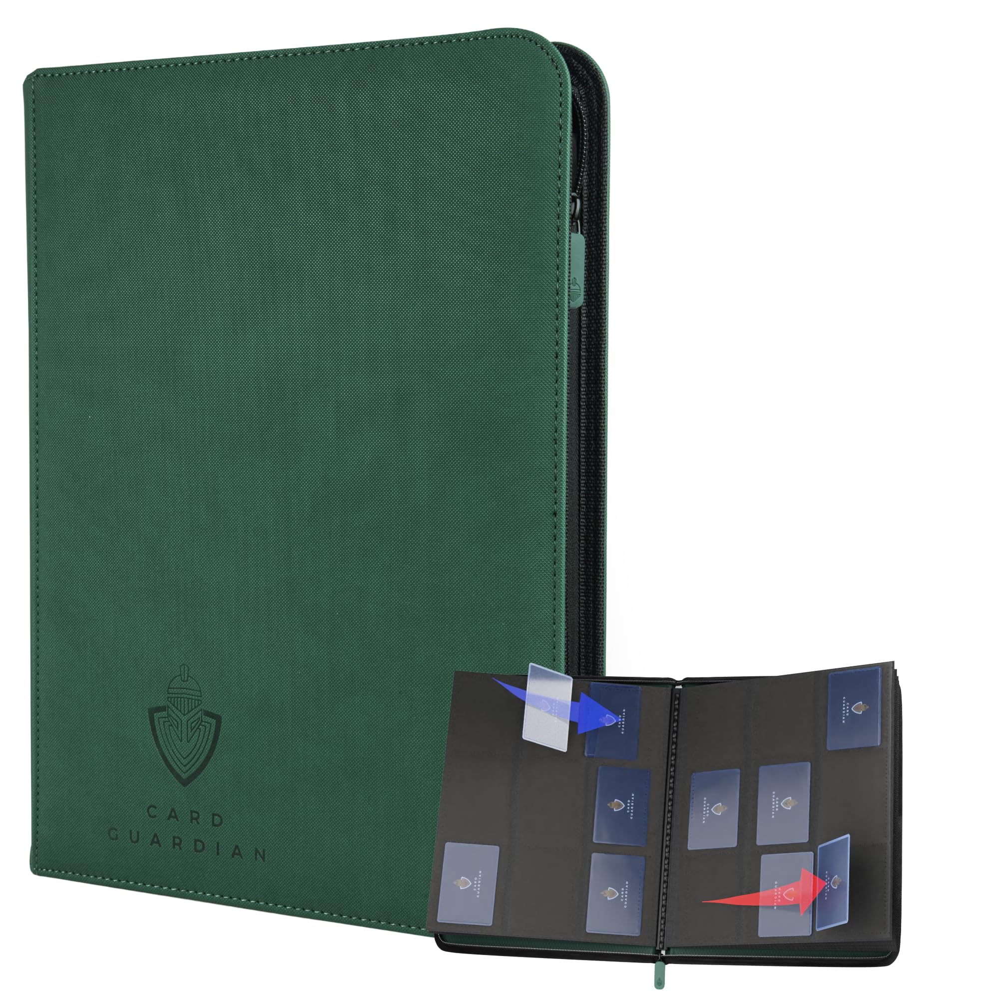 CARD GUARDIAN - 9 Pocket Premium Binder with Zipper for 360 Card Trading Card Game TCG (Green) Side Load Pocket Compatible with Yu-Gi-Oh Card Cards, MTG Binder Sports Card Binder