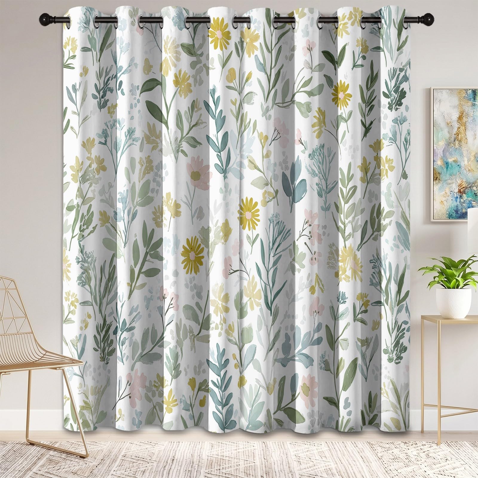 Rideau occultant Motif À Fleur De Fleurs Sauvages, Plantes Et Fleurs Rideaux œillets Isolation Thermique Traitements fenêtre à œillets pour Pépinière, 140L X 260H cm (2 Panneaux), Bleu