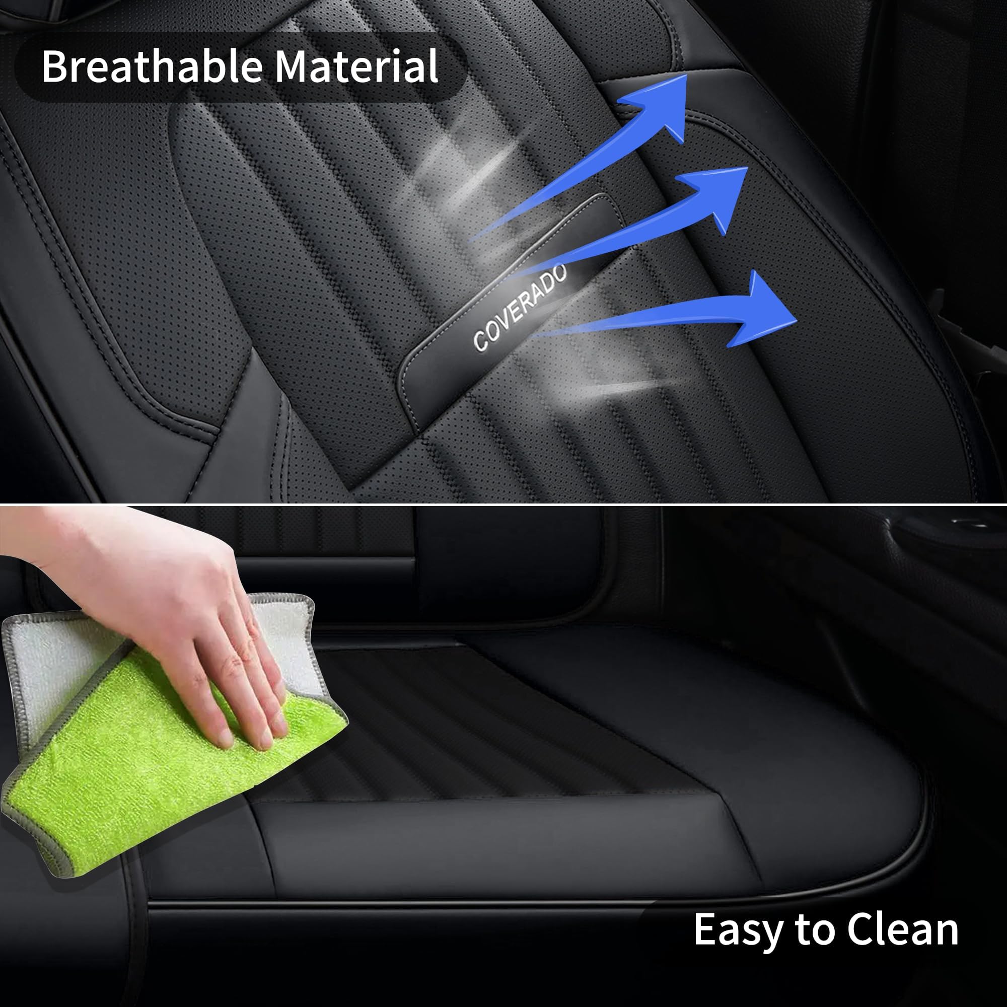 Coverado Sitzbezüge Vorne und Hinten 5 Stück Universal Autositzbezüge Set | Nappa Leder Kompatibel mit Den Meisten Limousinen SUV Pick-up Truck, Schwarz