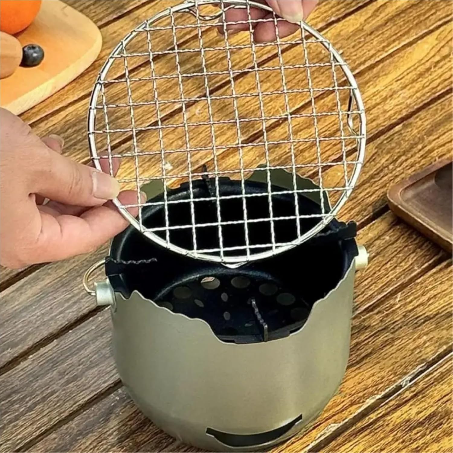 Portable Grill Portable Korean Style Charcoal Stove with Grill Net for Home & Camping(Champagne)