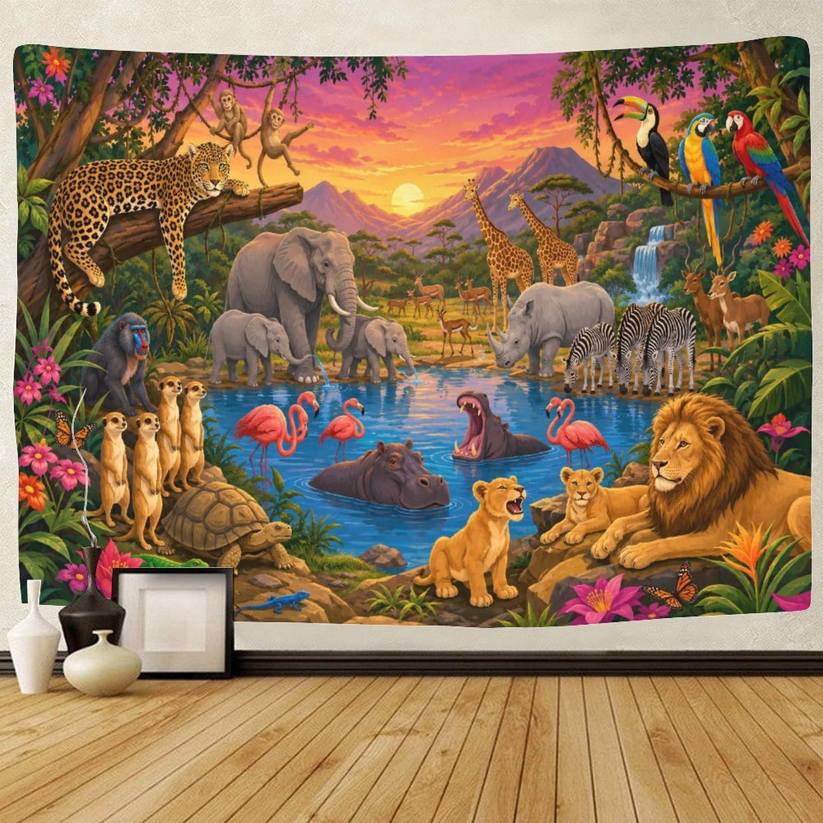 GPMNBCXZK African Savannah Wildlife Animals 3D Print Tapestry Wall Art Decor Wall Hanging Decor Tapestries Home Decoration Curtain Bedroom Living Room 180cmx230cm
