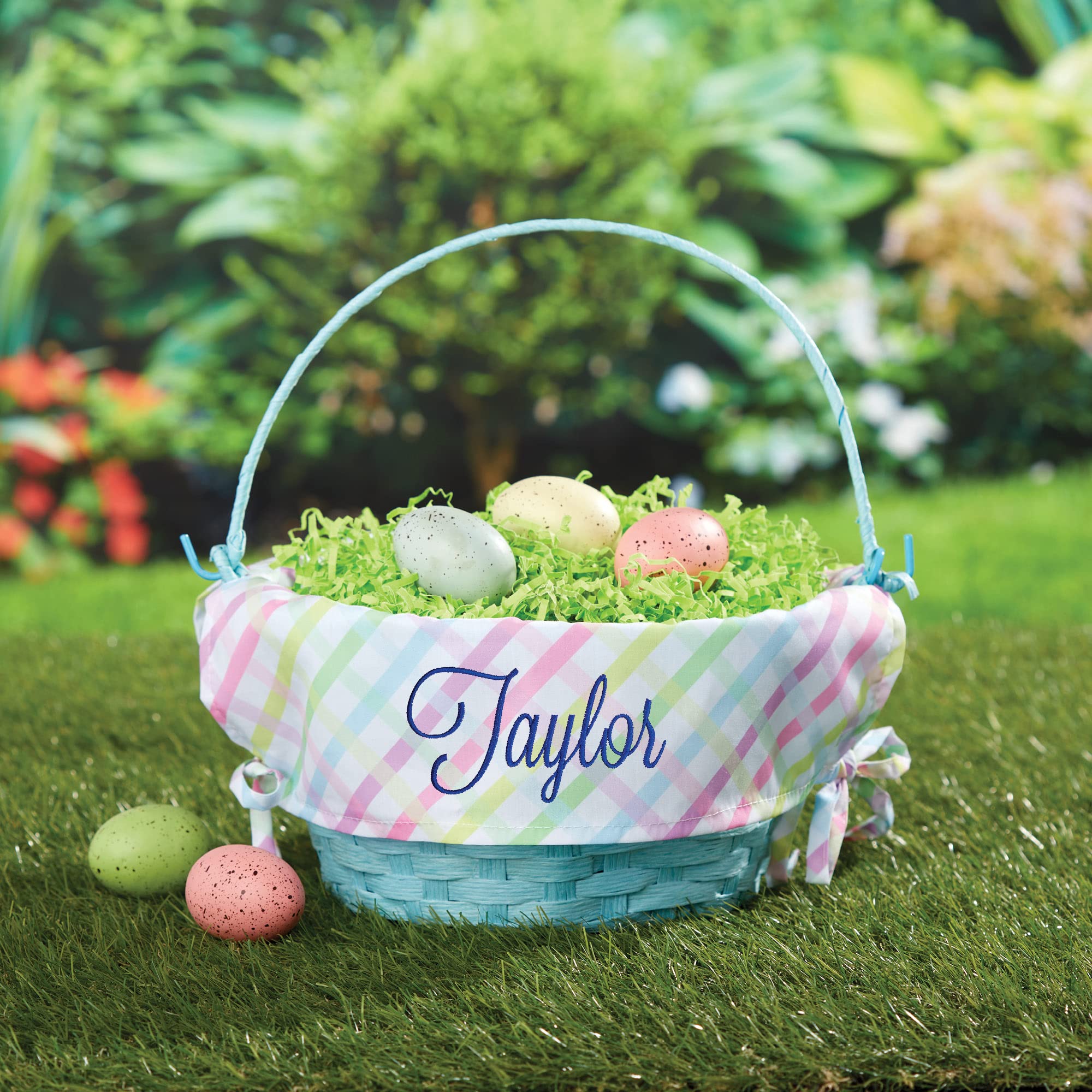 Personalized Easter Egg Basket with Handle and Custom Name in Navy Script | Multicolor Gingham Easter Basket Liners | Blue Basket | Woven Easter Baskets for Kids and Adults | Customized Easter Basket
