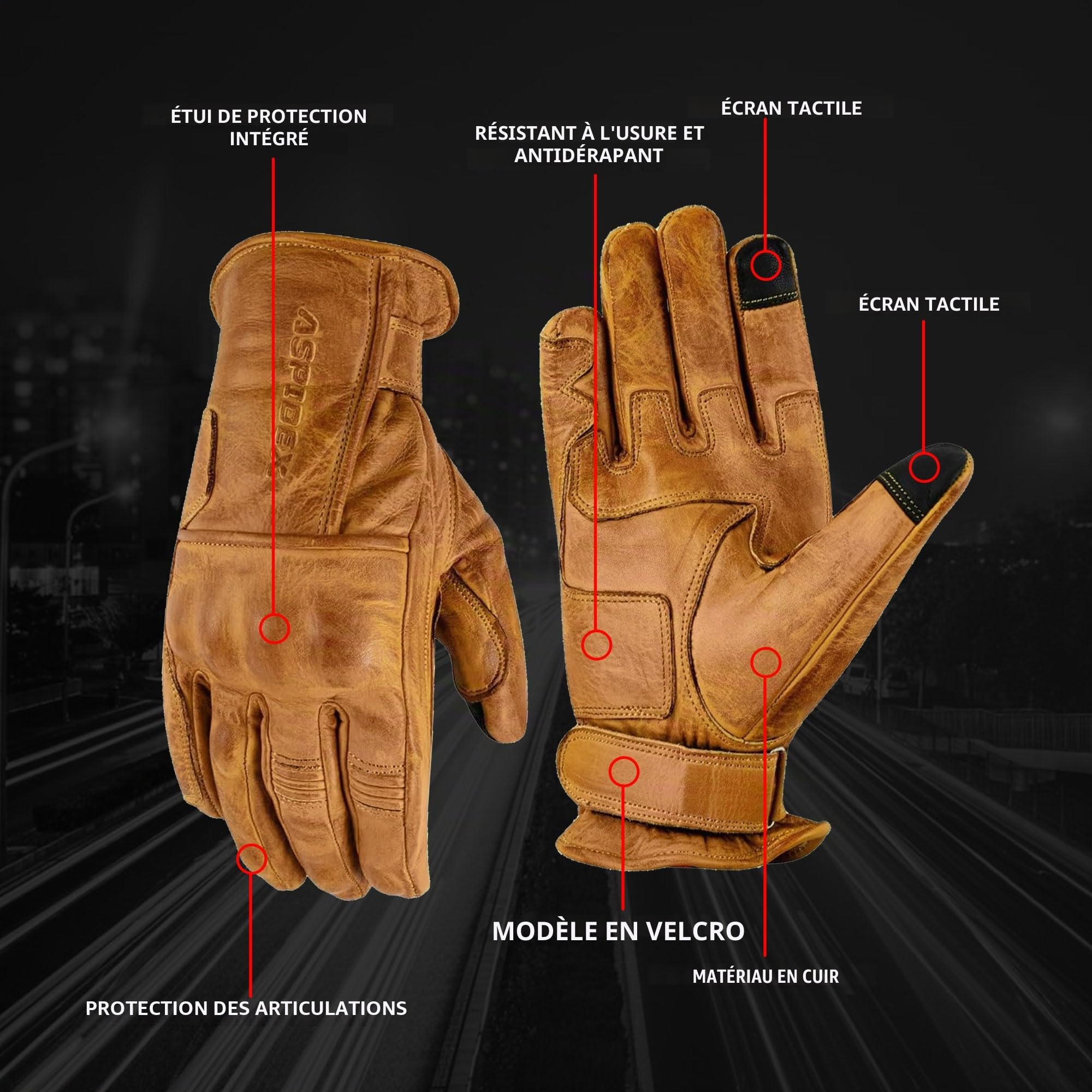 Gants de Moto en Cuir avec Protections Cafe Racer Chopper Custom Wax Jaune Touch