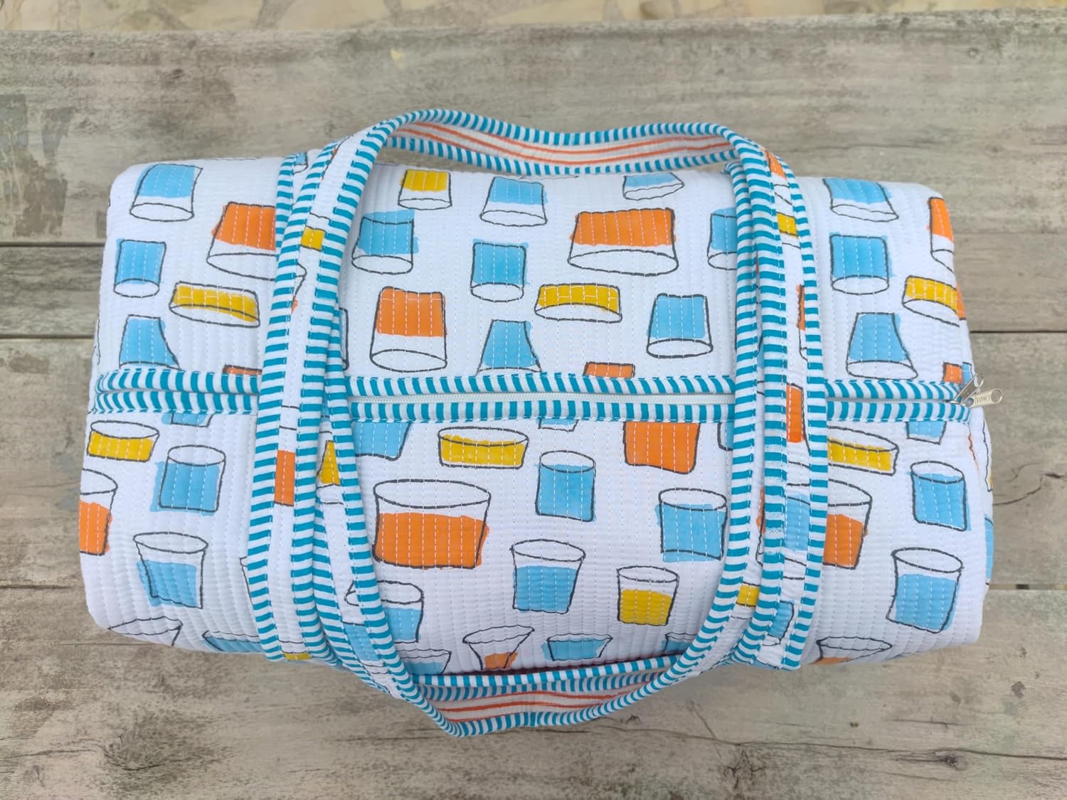 Large Size Hand Block Print Quilted Duffle Bag, Decorative Floral Print Weekender Bags, Beautiful Travel Overnight Bags, Indian Handmade Cotton Quilted Duffle Bags For Women Gifts (16x8x8 Inch)