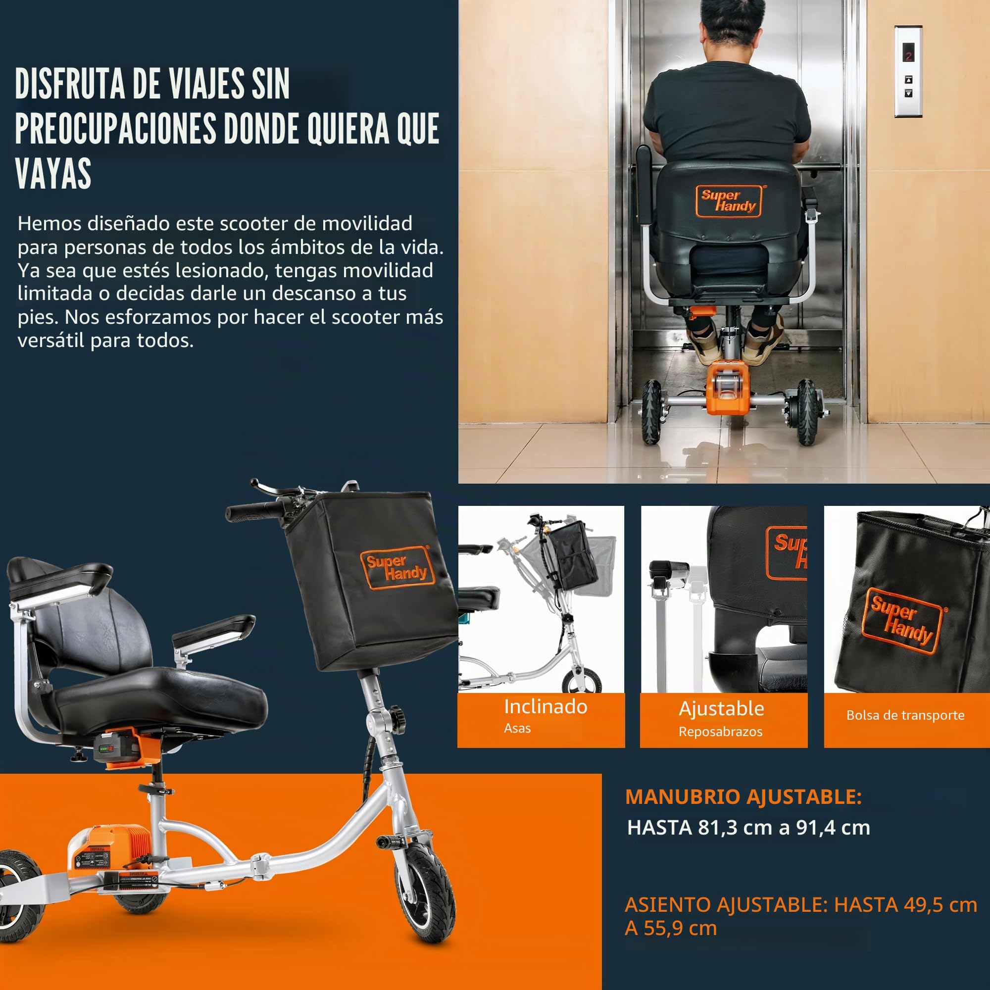 SuperHandy Dispositivo de movilidad electrónica plegable de 3 ruedas (diseño mejorado) – Funciona con electricidad, apto para aerolíneas – Viaje de largo alcance con 2 baterías de iones de litio
