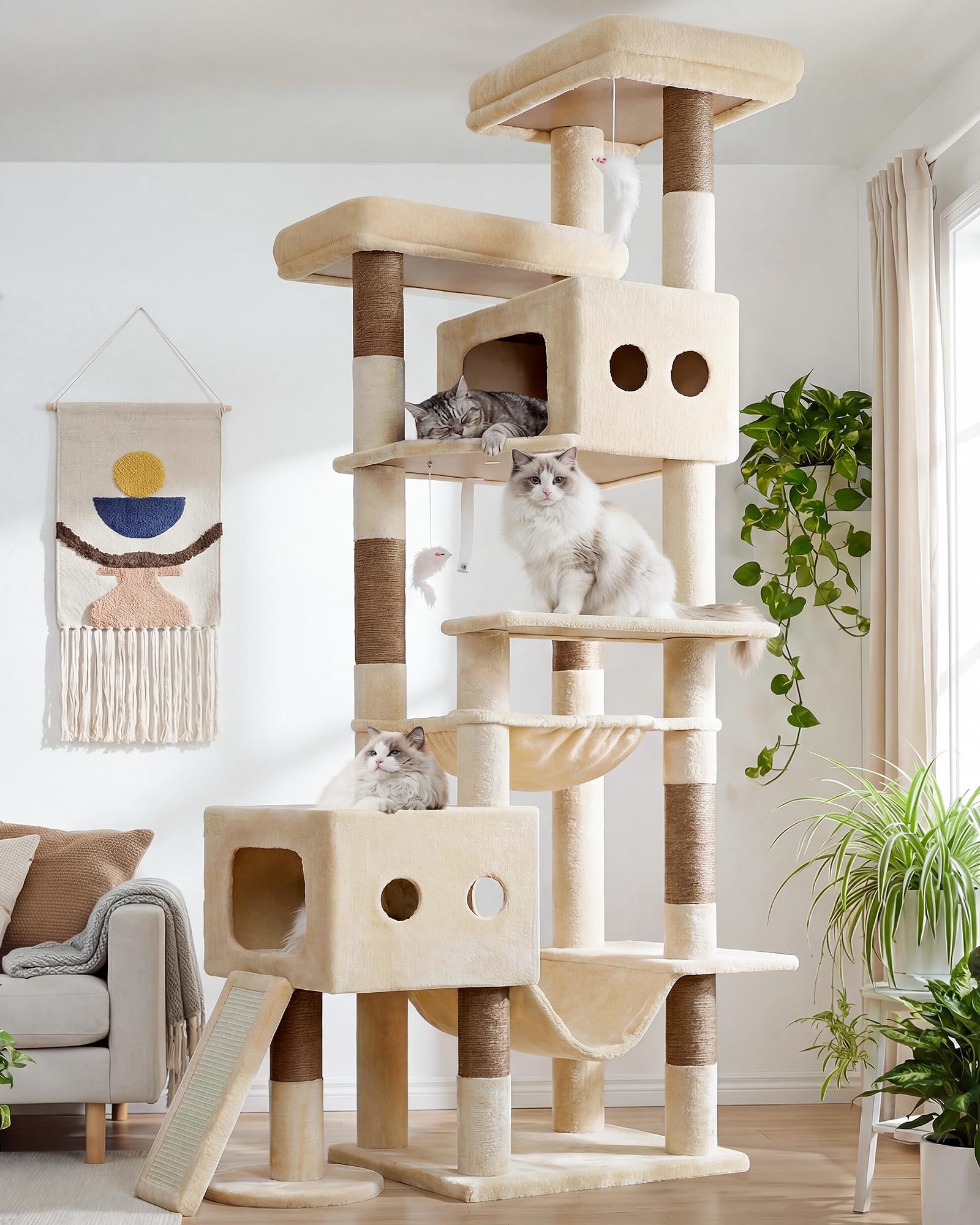 Globlazer Multi-Level Tall Cat Tower 83 inch Sturdy Extra Large Heavy Duty Cat Tree for Indoor Large Adult Cats Kittens with 2 Cat Condo, 8 Scratching Post, 2 Hammock, S83G, Beige