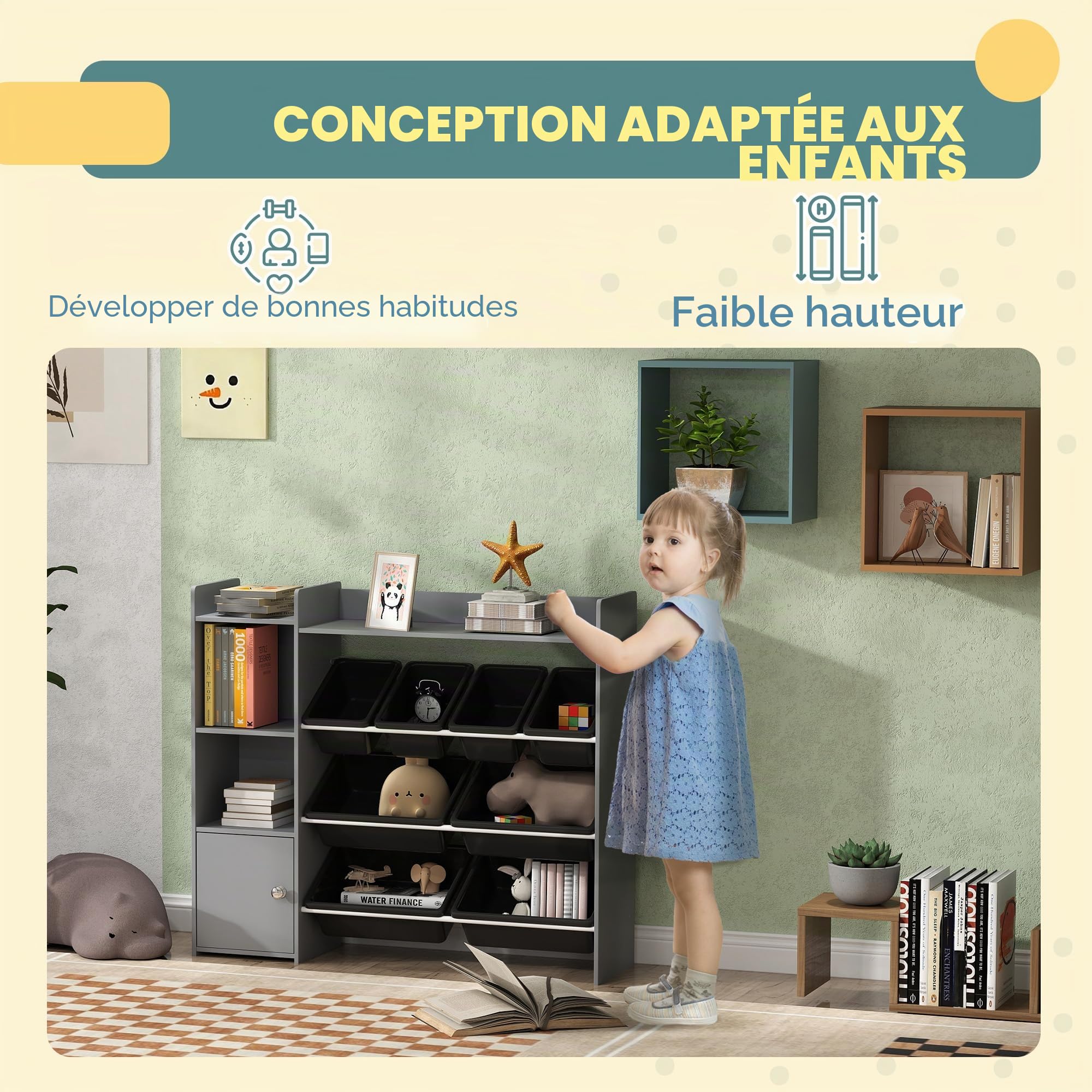 AIYAPLAY Meuble de Rangement pour Jouets, avec 8 bacs Amovibles, étagères de Rangement, Armoire, Organisateur de Jouets, pour Salle de Jeux, Chambre d'enfant, crèche, Gris