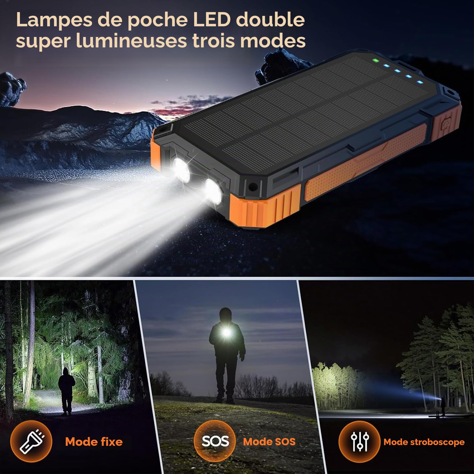 Super Power Bank Solar,Recharge sans Fil À 6 Ports 20 000 MAh+LED Haute Intensité+3 Ports De Recharge Rapide 22,5 W,Chargeur Solaire,Chargeur Portable,Batterie Solaire,pour Smartphone,Camping