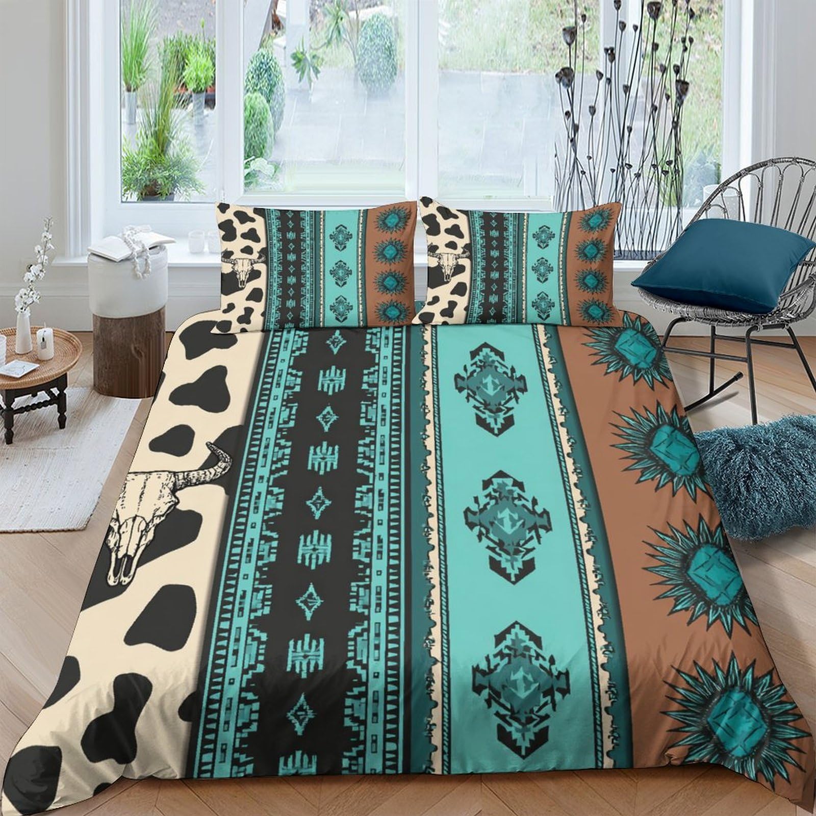 Ctjqhvkz Style-10 3D Printed Western Cowhide Fitted Sheet Microfiber Turquoise Aztec Bed Cover For Bedroom Dorm Mattress Decor Single（135X200cm）