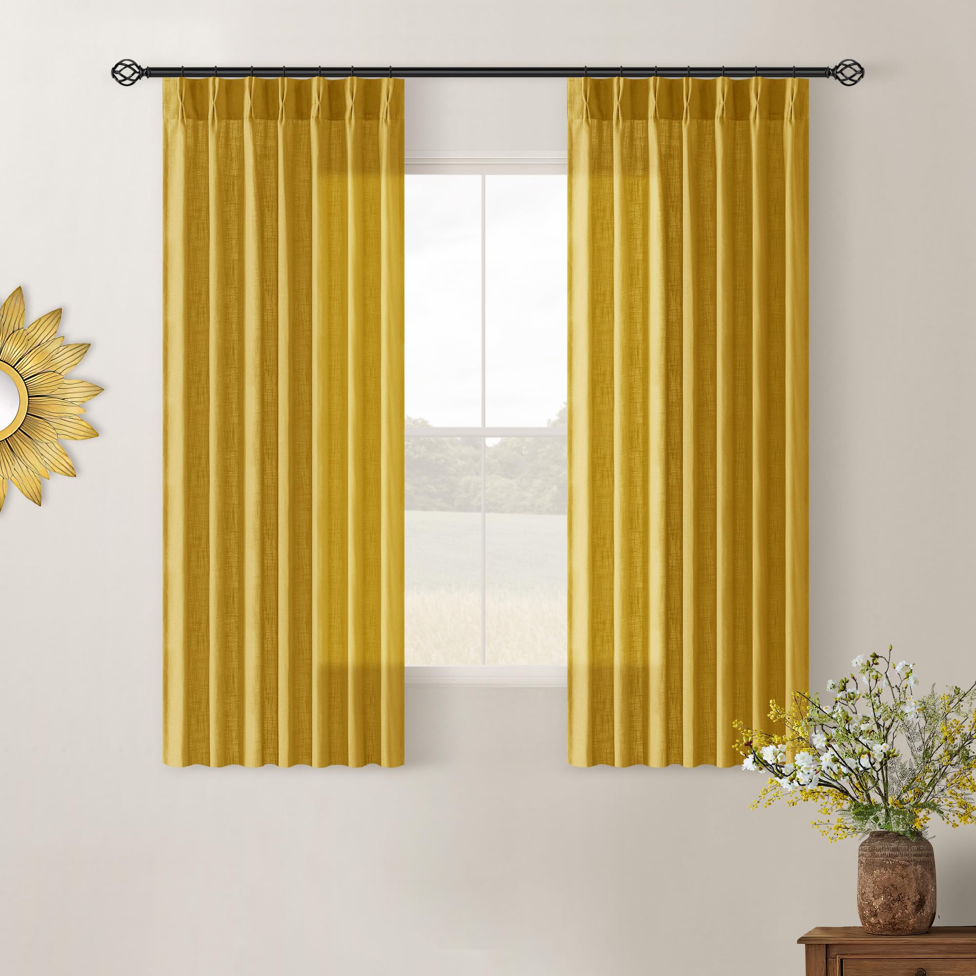 Mustard Yellow Pinch Pleated Linen Sheer Curtains 45 Inch Length 2 Panels