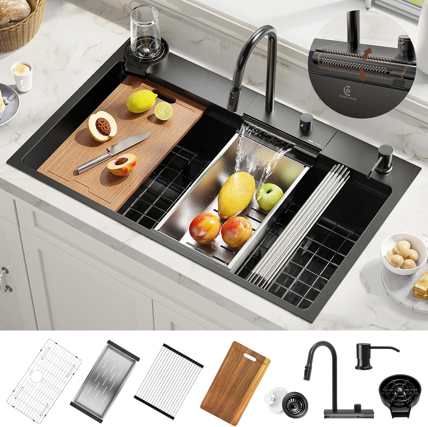 33x22 Inch Drop in Adjustable Waterfall Kitchen Sink with Faucet, Single Bowl Black Kitchen Sinks 16 Gauge Stainless Steel Kitchen Workstation with 8 Accessories Include Glass Rinser (Black)