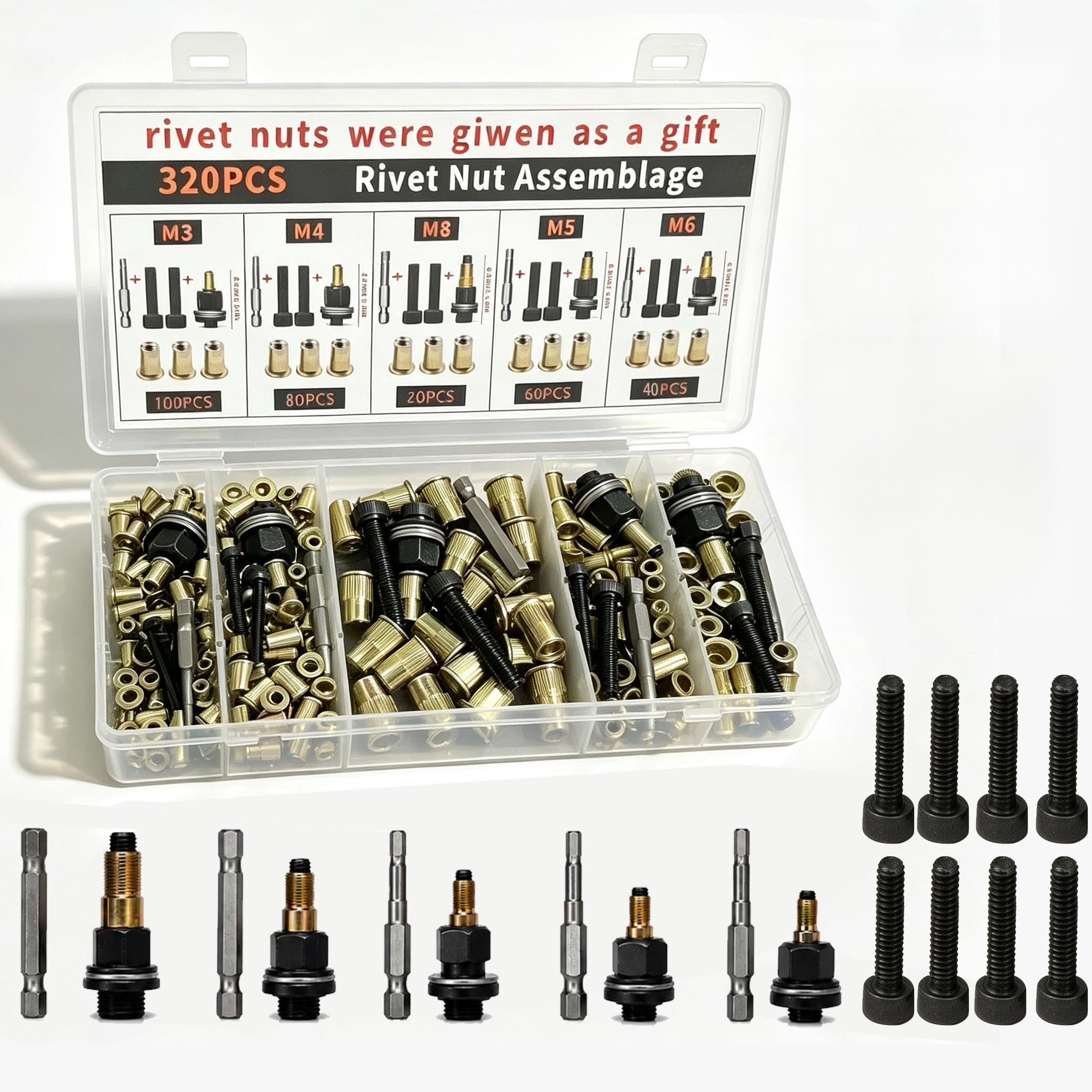 Banxidi 320PCS Threaded Carbon Steel Rivet Nut Tool Kit, M3 M4 M5 M6 M8