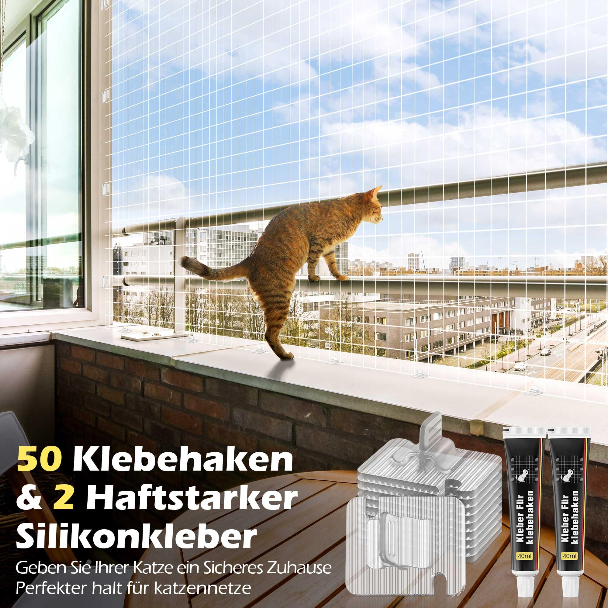 Enhon 50 Piezas Ganchos Adhesivos para Red Gatos con 2 Adhesivo Extrafuerte 40 ml, Gancho Red Gatos Ventanas sin Taladro, Impermeable PC, Resistente a los Rayos UV Ideales para Terraza Redes de Balcón