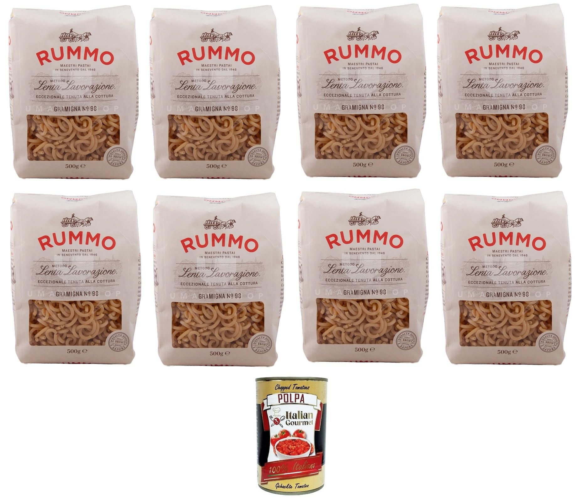 Rummo Gramigna N°98 Pasta Lenta Lavorazione Teigwaren aus Hartweizengrieß Bronze-Zeichnung 8x 500gr + Italian Gourmet polpa 400g