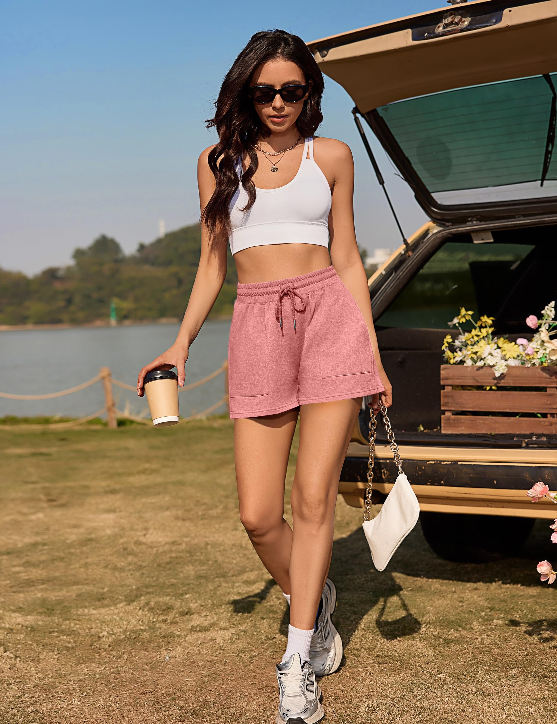 Pantalón Deportivo Mujer Verano Shorts Deporte Jogging Fitness Corto para Correr Algodón Pantalones Sudor Ciclismo Salón Cintura Alta con Bolsillos
