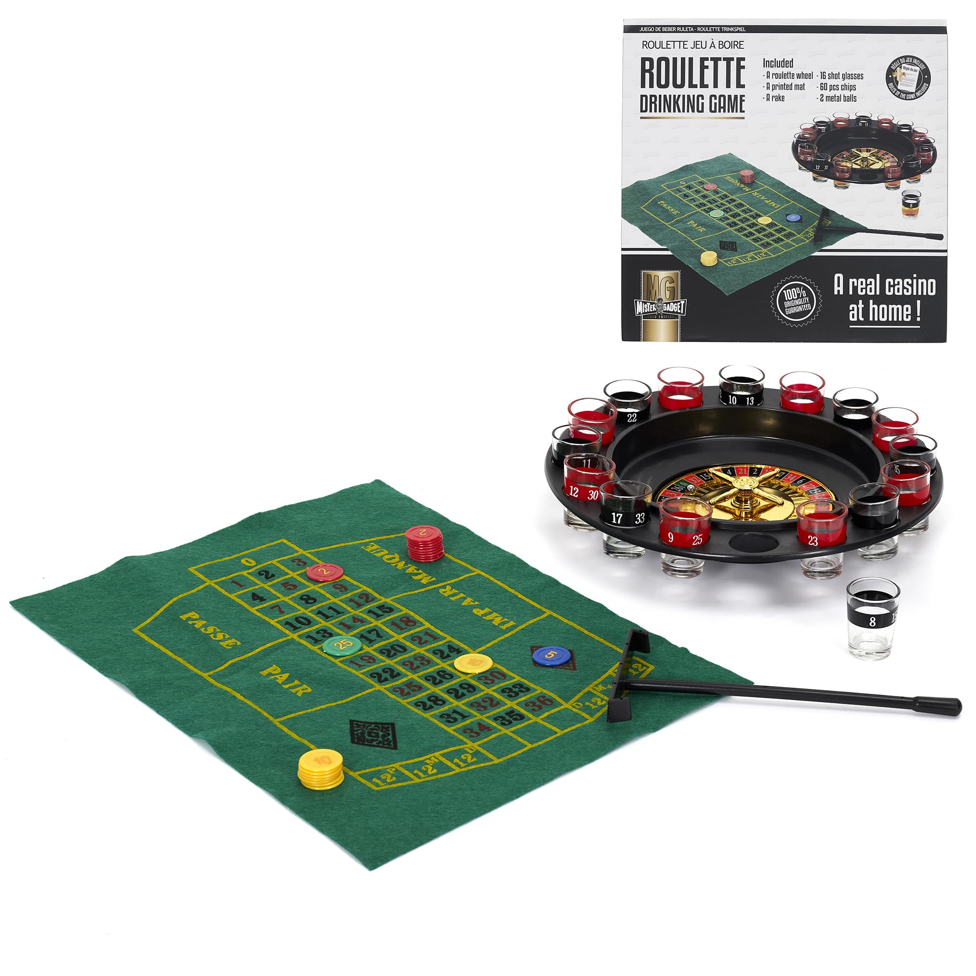 MISTER GADGET - MG3374 Jeu à Boire Roulette - Ensemble Casino avec 16 Verres à Shots, Tapis de Jeu, 60 Jetons, 2 Billes - 30.5 x 6.5 x 30.5 cm - Noir, Rouge, Vert, Blanc