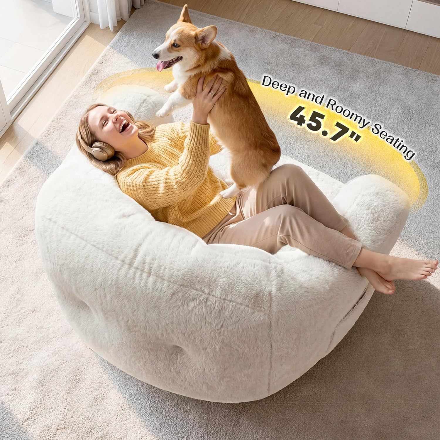 Homkdom Giant Bean Bag Chair for Adults, Shell-Shaped Oversized Bean Bag Couch with Armrests & Side Pockets, Stuffed Floor Sofa for Reading, Playing & Relaxing, Beige