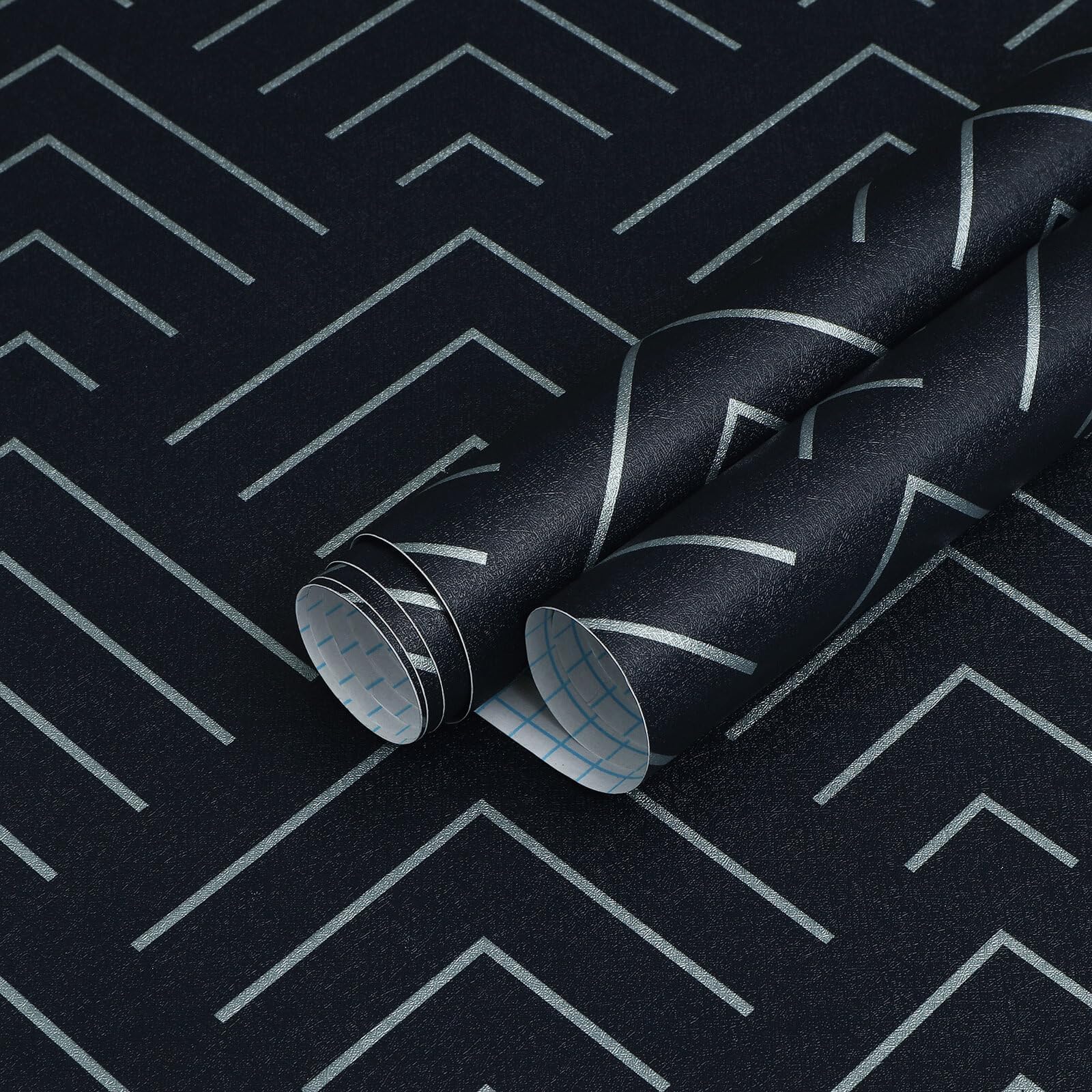 TEKCOOL Self Adhesive Wallpaper Blue and Gold Pattern Peel and Stick Wallpaper Gold Lines Geometric Sticky Back Vinyl Removable Contact Paper Wall Covering Decorative Film DIY 45x300cm (Blue-3pc)