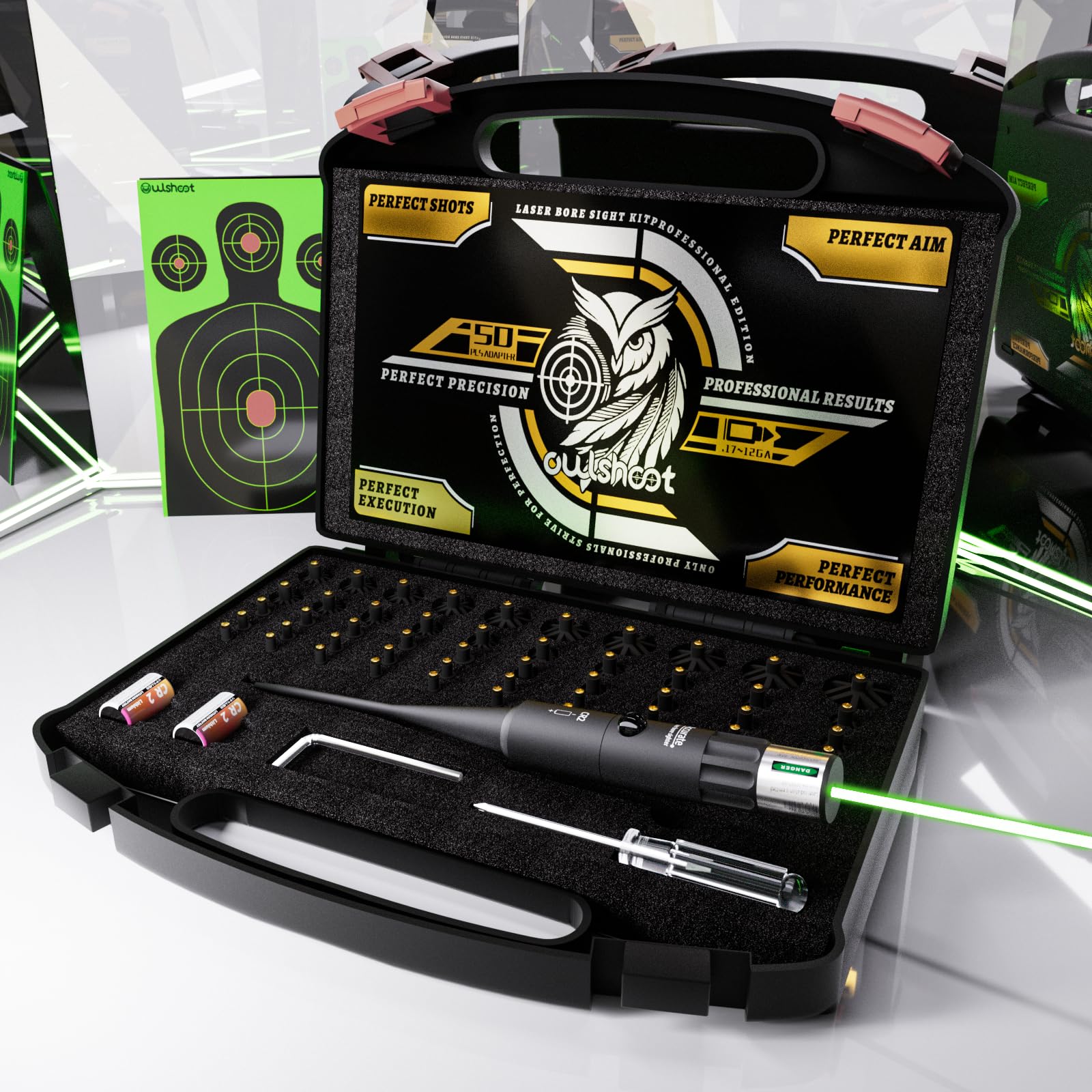 Professional Bore Sight Laser Kit: Green Boresighter with 50 Adapters for All Caliber Gun - Easy Sighting for Pistol and Rifle Sighter Perfect Choice for Elite Shooter