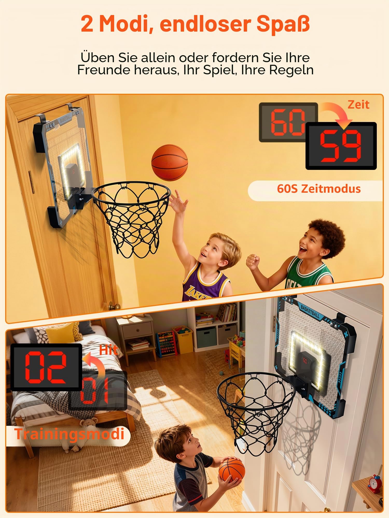 BATURU Mini Basketballkorb Indoor mit LED Anzeige & Sound, 3 Bälle + Pumpe, Geschenk Junge 5-12 Jahre