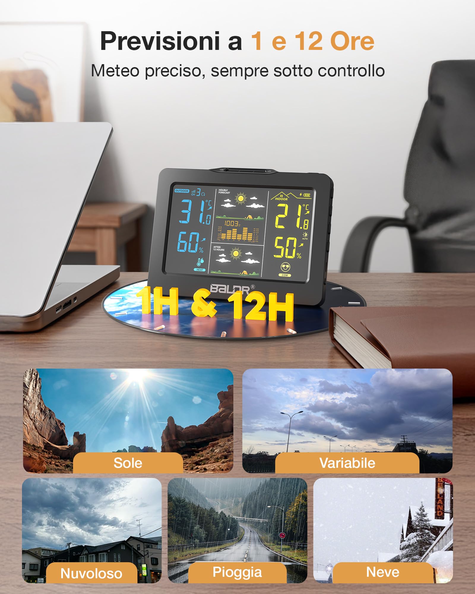 Stazione Meteo BALDR Wireless con Sensore Esterno, Display Digitale a Colori – Termometro Igrometro Interno/Esterno, Previsioni 1h + 12h, Batteria Ricaricabile