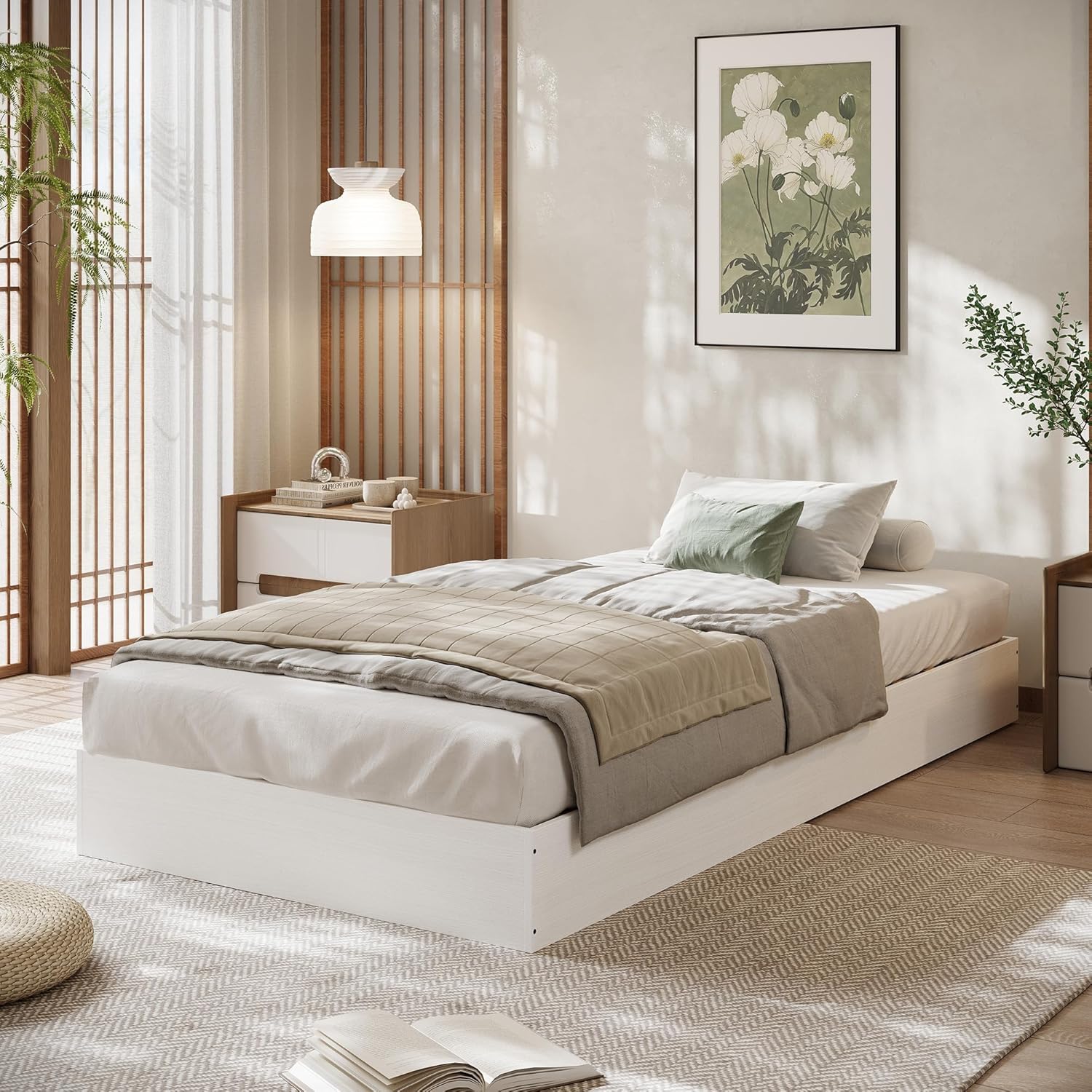 Garvee Twin Size Wood Platform Bed Frame, Floor-Standing No-Gap Design, Modern Minimalist No Headboard Bed Frame, Wood Slat Support, No Box Spring Needed, Easy Assembly, White