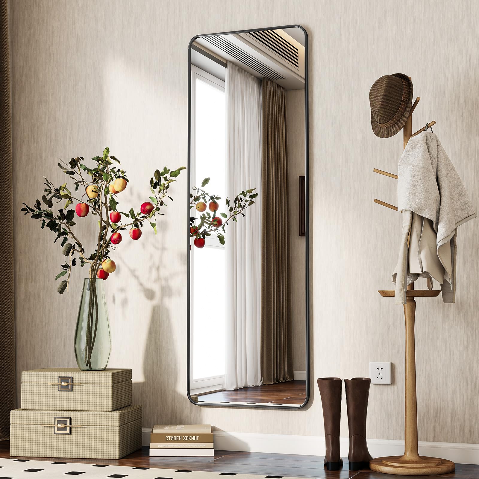 Koonmi Specchio a figura intera 40 x 150 cm - Semplice ed elegante specchio da terra a figura intera con cornice stretta, angoli arrotondati, vetro temperato antirottura per stare in piedi, appendere