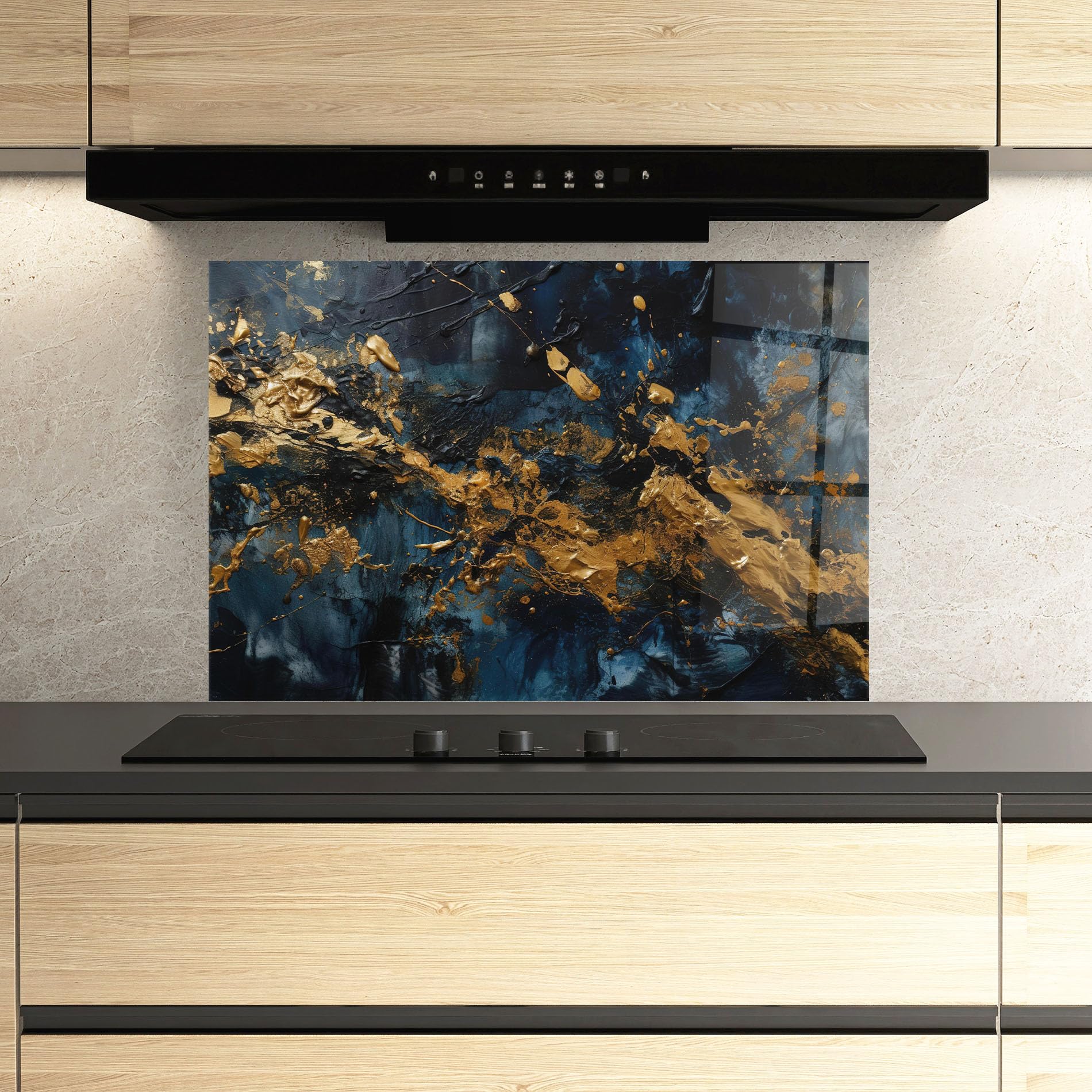 ARTHUB® Crédence de Cuisine en Verre 50x70 cm, Gold Explosion | Protection Contre Les éclaboussures, Revêtement Mural en Carreaux, Plaque en Verre, Verre trempé, Abstrait, Art Abstrait