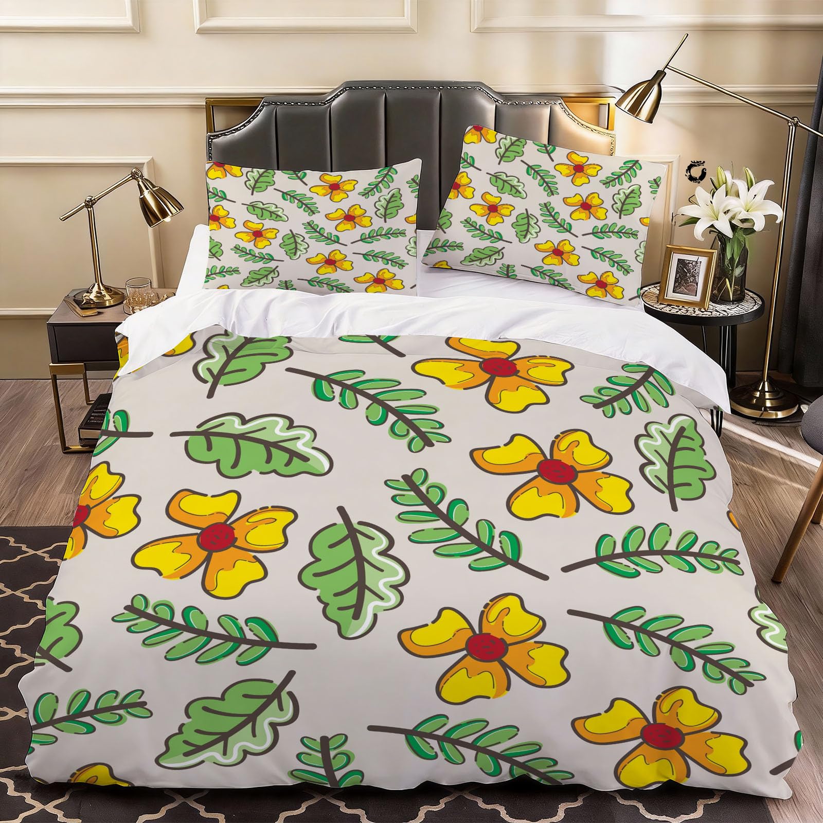 3D Leaves and Flowers Duvet Cover Cartoon Bedding Double Bed Set, Soft Microfiber Comforter Cover Printed with Zipper Closure Quilt Coverr 200x200 cm and 2 Pillowcases