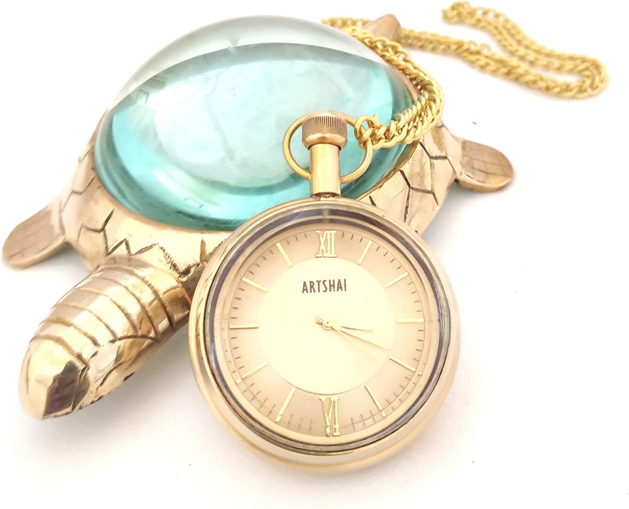 Artshai Antique Brass Men Pocket Watch Long Chain and Tortoise Design Brass Magnifier Cum Paperweight showpiece .Analog Pocket Watch Golden Display .Diwali Gifts