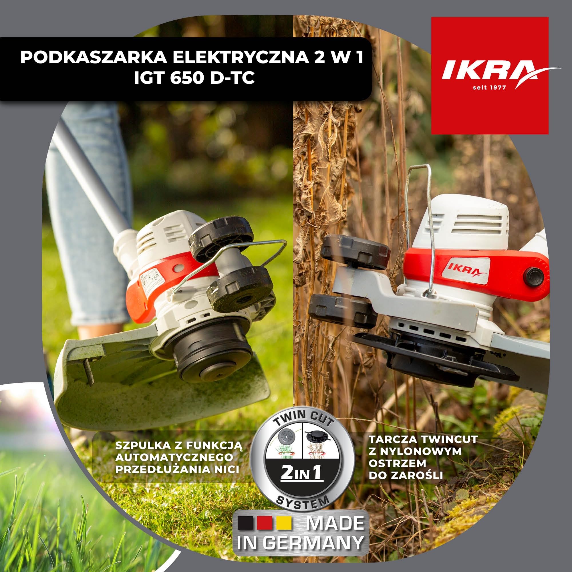 IKRA 2w1 Podkaszarka elektryczna IGT 650 D-TC,650W,szerokość cięcia 30cm | System TwinCut:zestaw z szpulą żyłki i nożem nylonowym,teleskopowa regulacja wysokości,rolka krawędziowa,ochrona roślin
